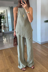 Women's casual irregular hem sleeveless cotton and linen two-piece set