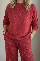 🎄 New Arrivals🔥 Cozy Travel Crew Neck Shiny Sweatshirt and Pant 2 Piece Sets