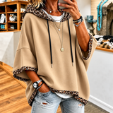 Women's Leopard Trim Hoodie – Relaxed Fit Drawstring Sweatshirt