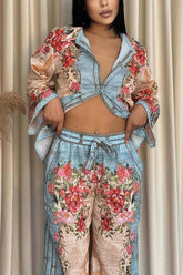 Women's Casual Contrast Print Pants Suit