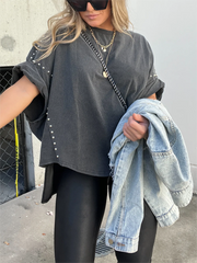Washed Roll Sleeve Studded Oversized Short Sleeve Top (Buy 2 Free Shipping)