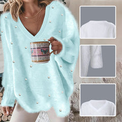 🔥Hot Sale Offers-V-Neck Long Sleeve Beaded Decor Oversized Sweater Fluffy Pullover Top