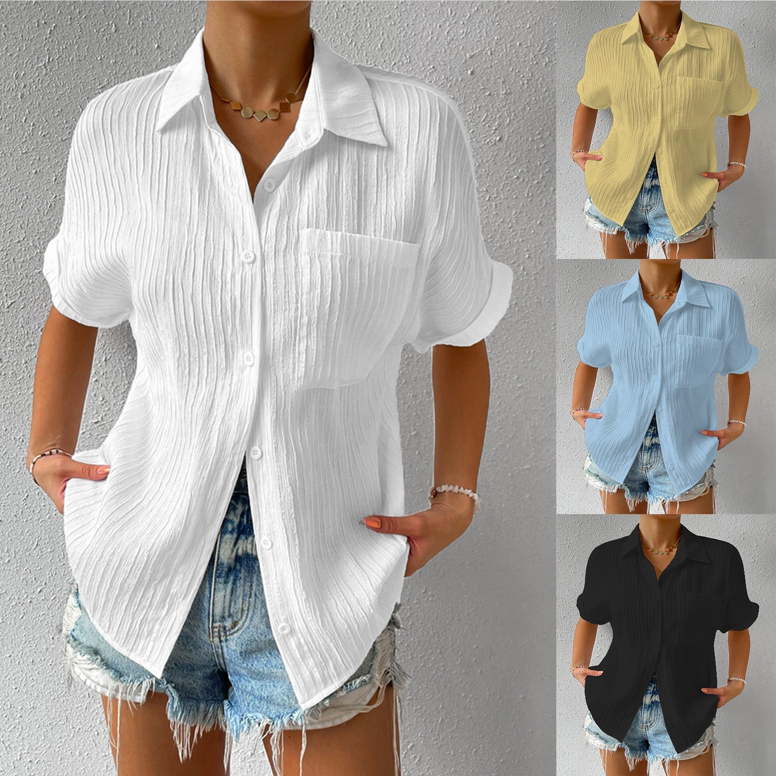 Shirt Collar Casual Buttoned Loose Blouse