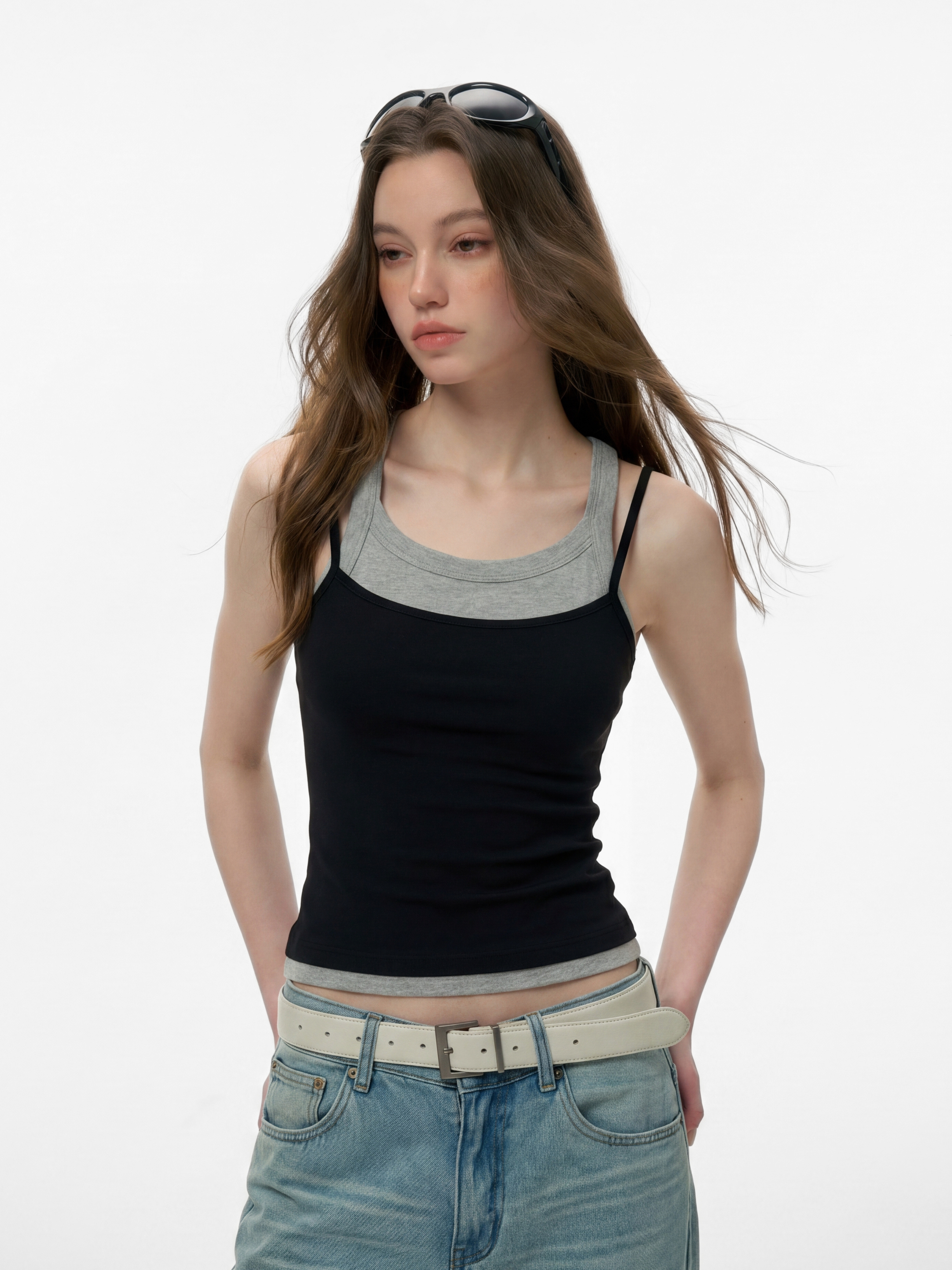 Caveveil - Women's Faux Two-Piece Ribbed Tank Top