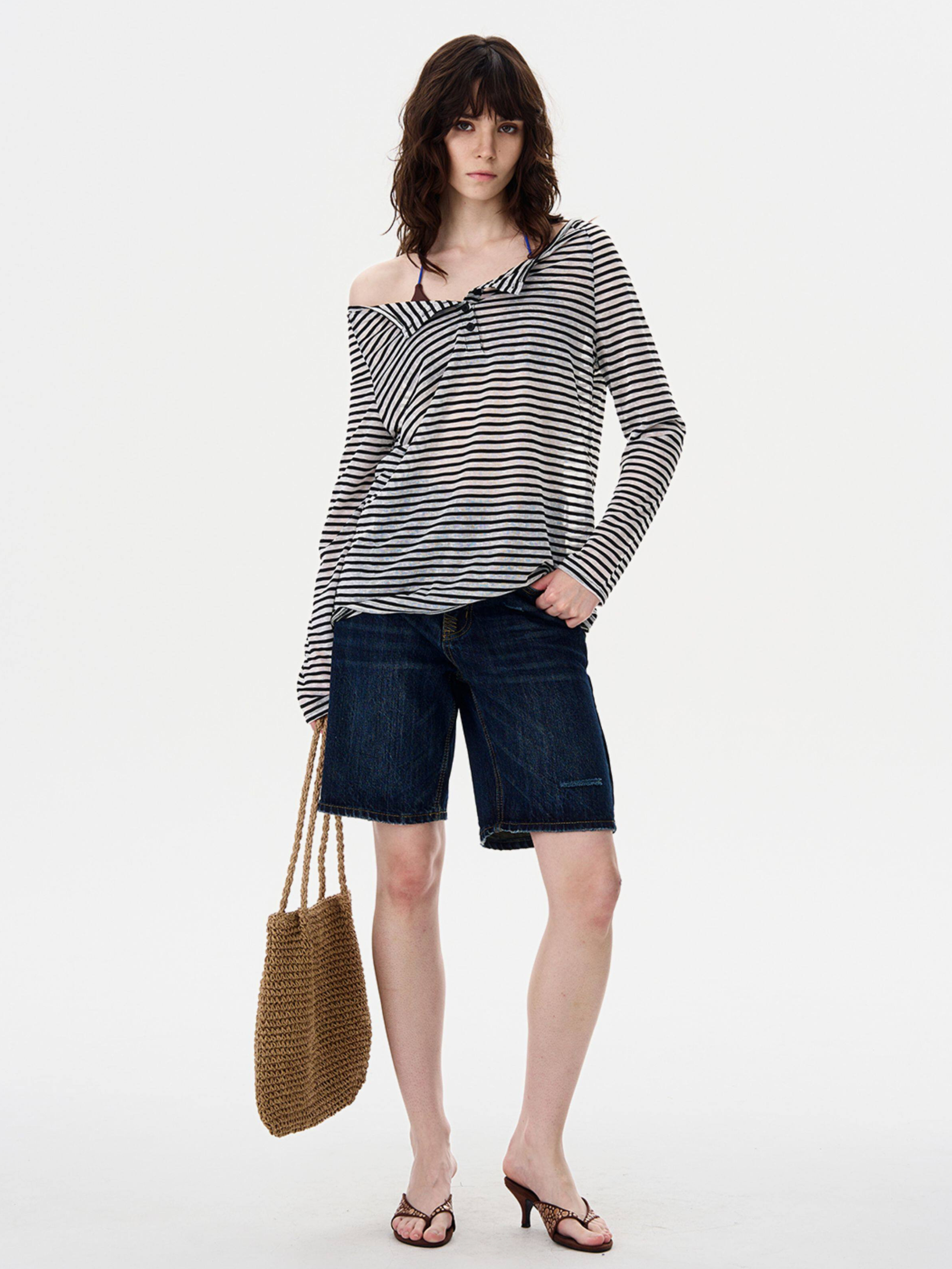 Greystorm - Women's Lightweight Striped Off-Shoulder Long Sleeve T-Shirt