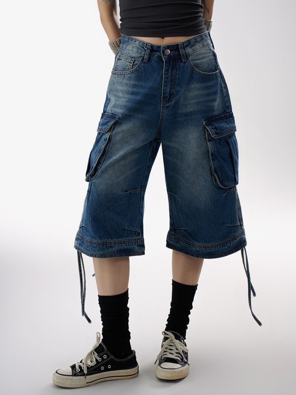 BasicLine - Women's Multi-Pocket Denim Cargo Cropped Pants