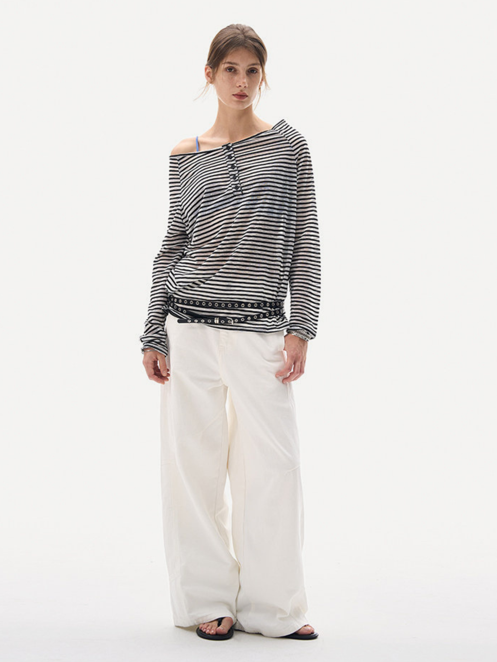 Greystorm - Women's Lightweight Striped Off-Shoulder Long Sleeve T-Shirt