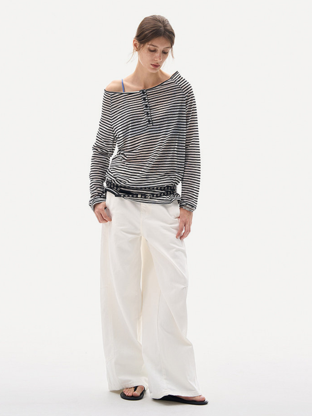 Greystorm - Women's Lightweight Striped Off-Shoulder Long Sleeve T-Shirt