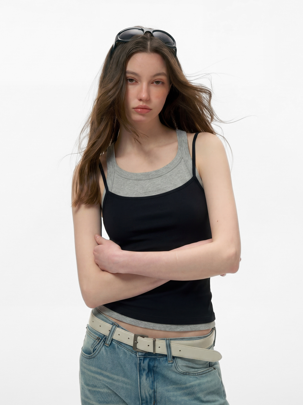 Caveveil - Women's Faux Two-Piece Ribbed Tank Top