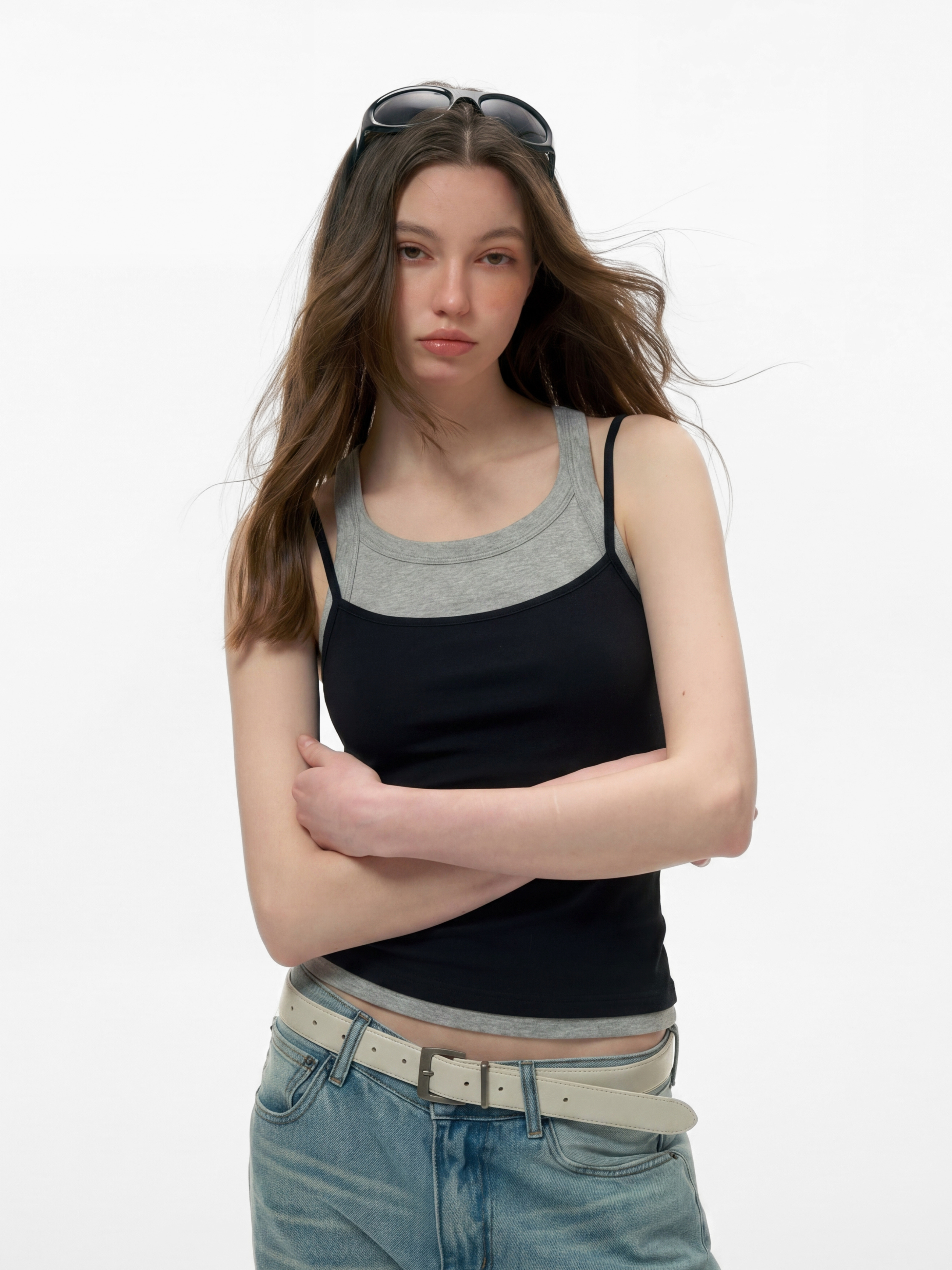 Caveveil - Women's Faux Two-Piece Ribbed Tank Top