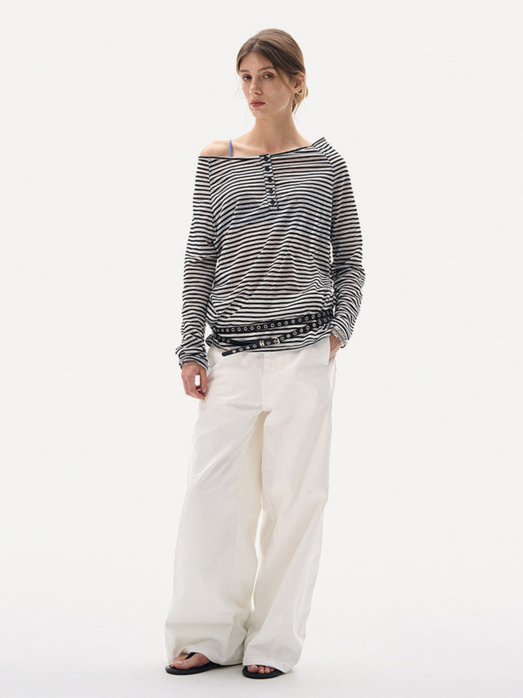 Greystorm - Women's Lightweight Striped Off-Shoulder Long Sleeve T-Shirt