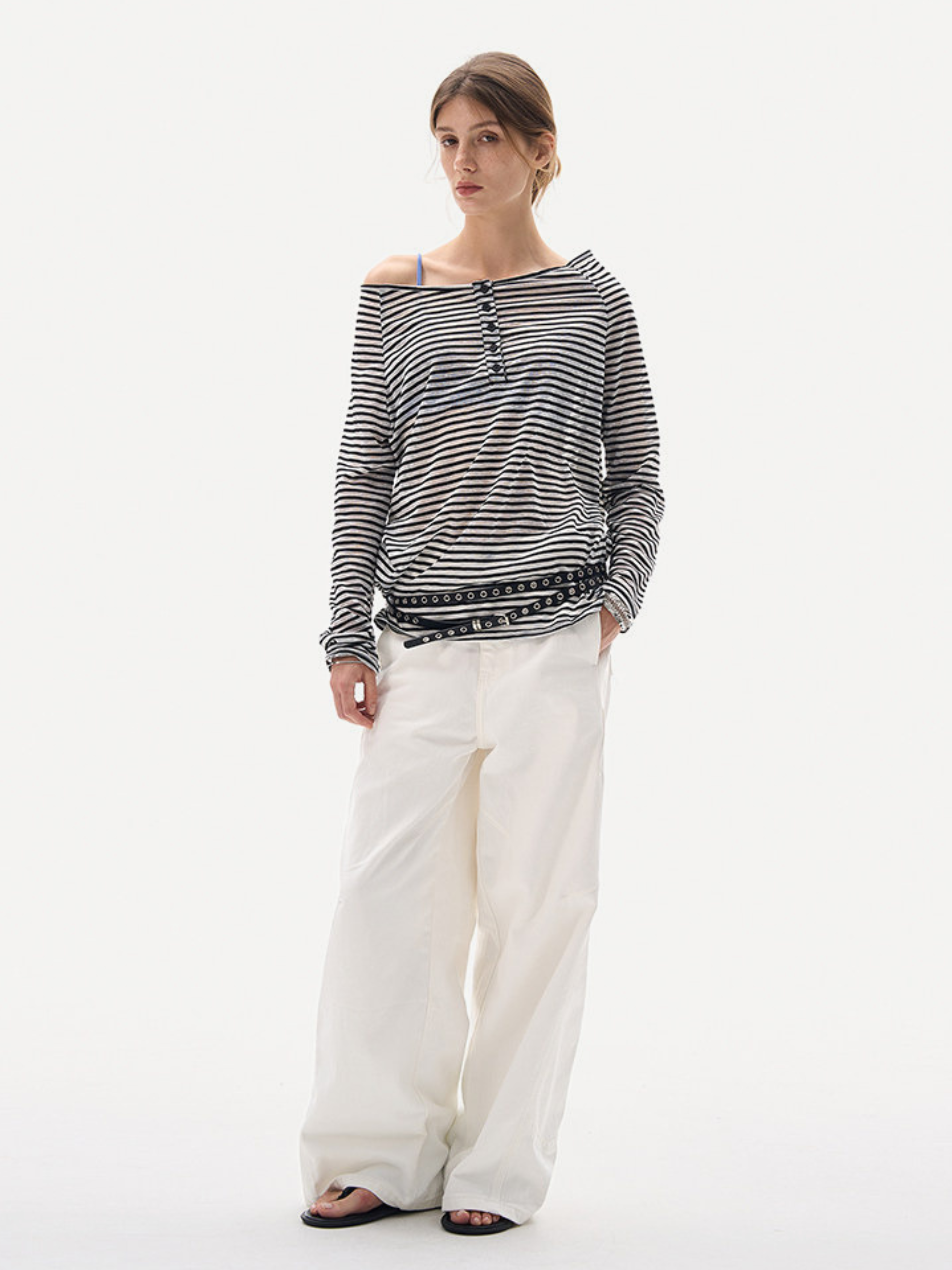 Greystorm - Women's Lightweight Striped Off-Shoulder Long Sleeve T-Shirt