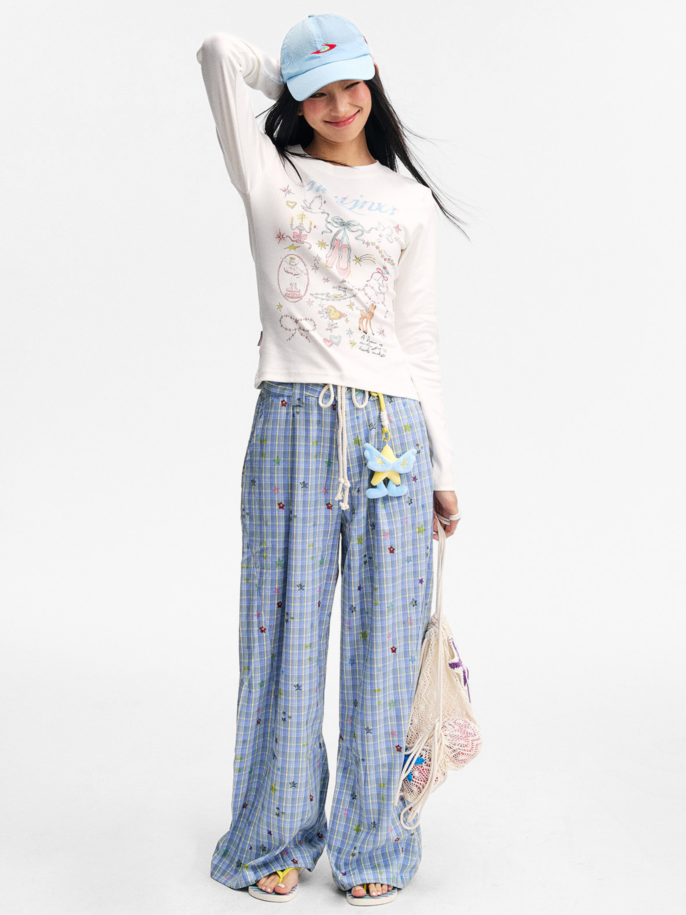 Ashlight - Women's Star Plaid Print Lightweight Drawstring Pants