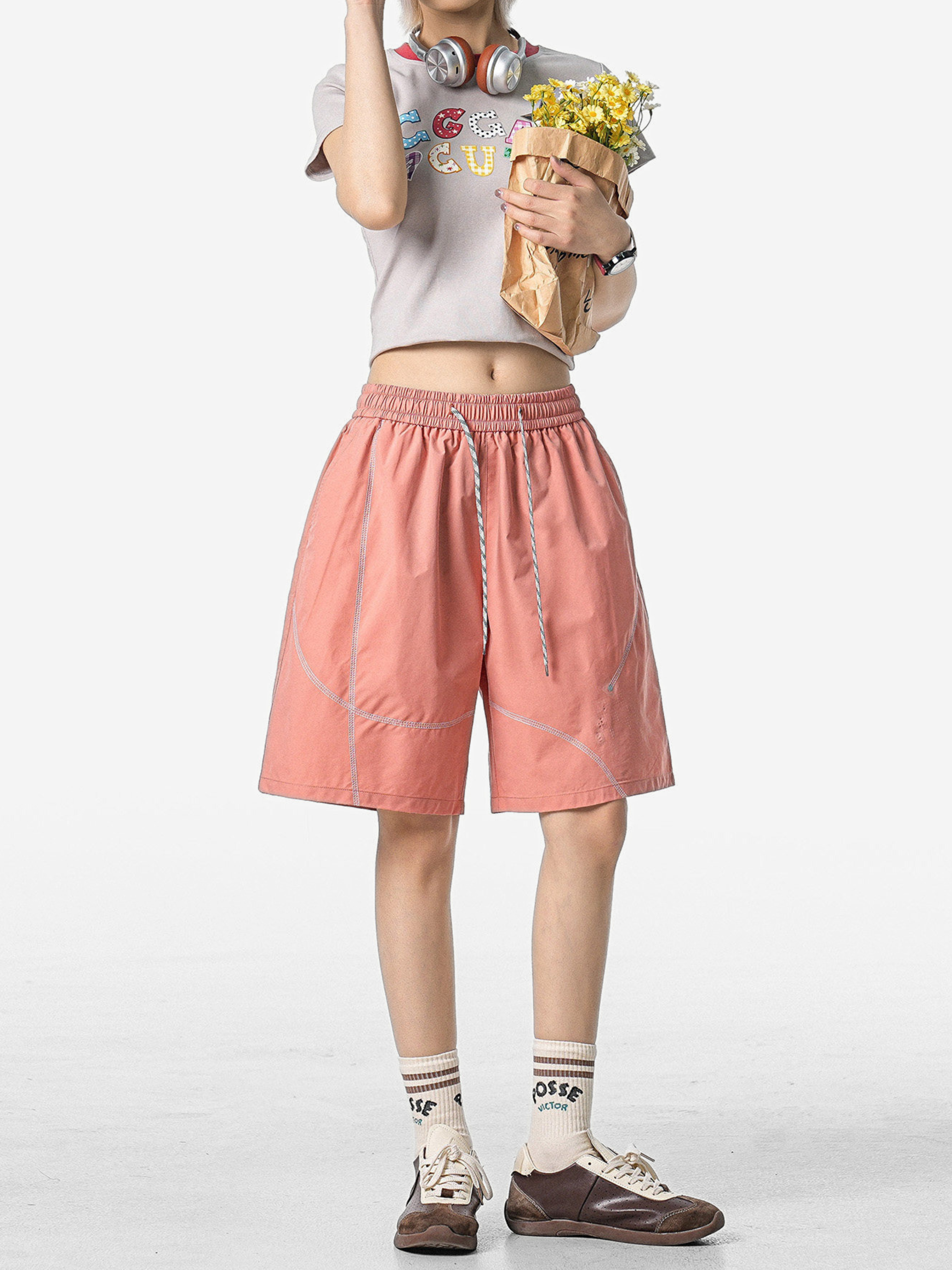 FoxLeap - Unisex Contrast Stitch Lightweight Breathable Sport Shorts