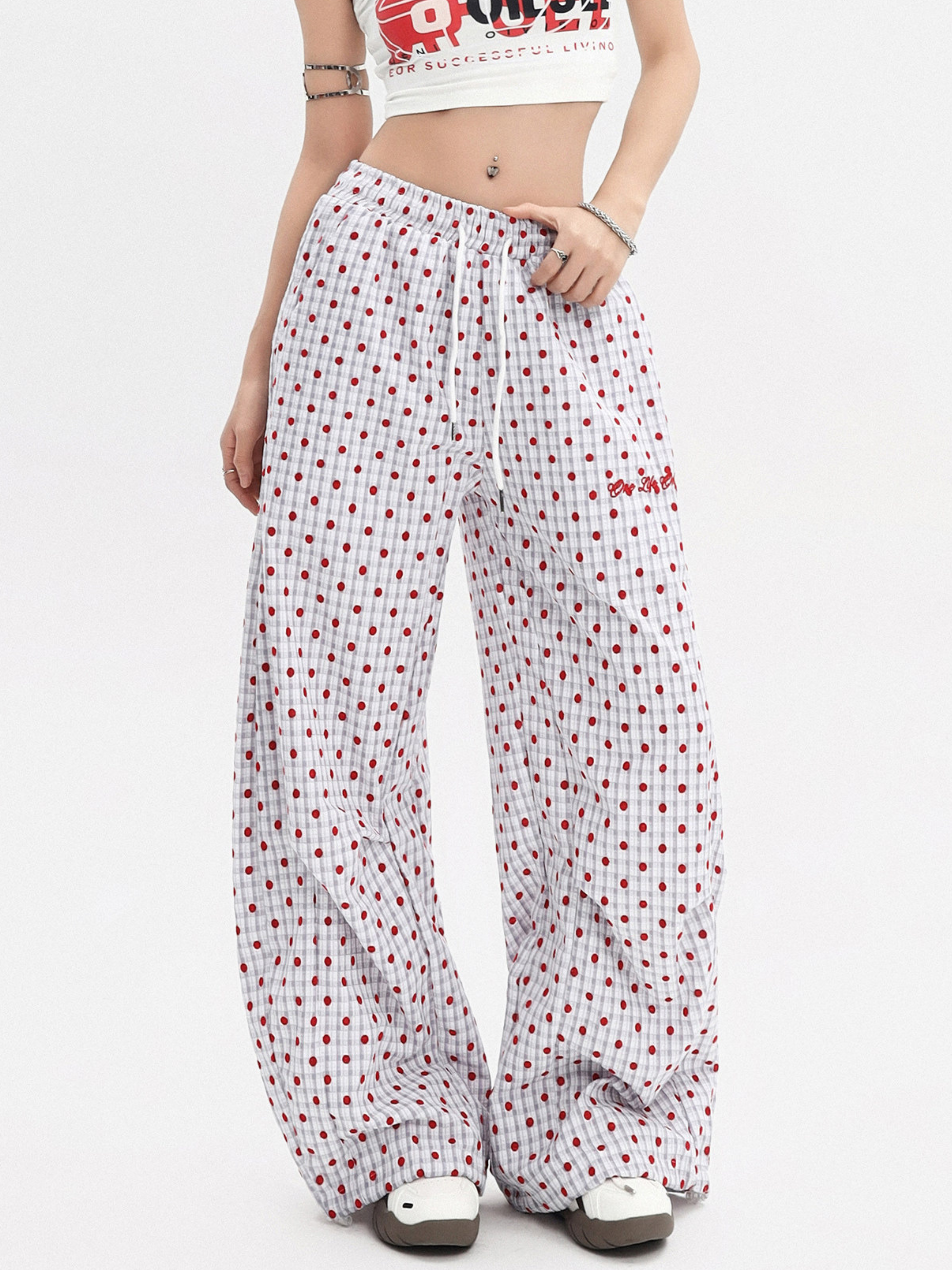 Ashview - Women's Pleated Polka Dot Wide-Leg Pants