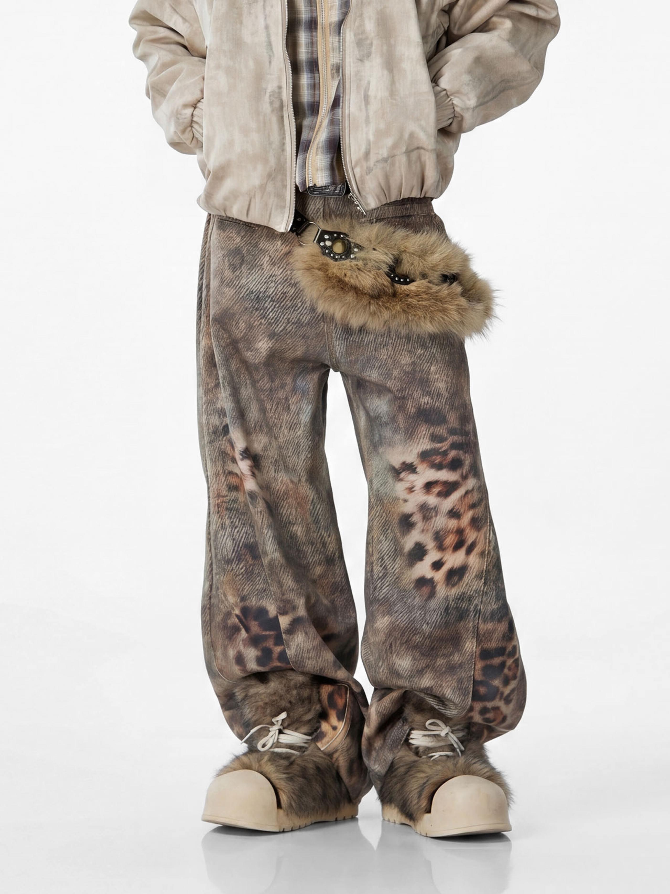 BeltSkip - Unisex 3D Printed Distressed Leopard Curved-Leg Pants