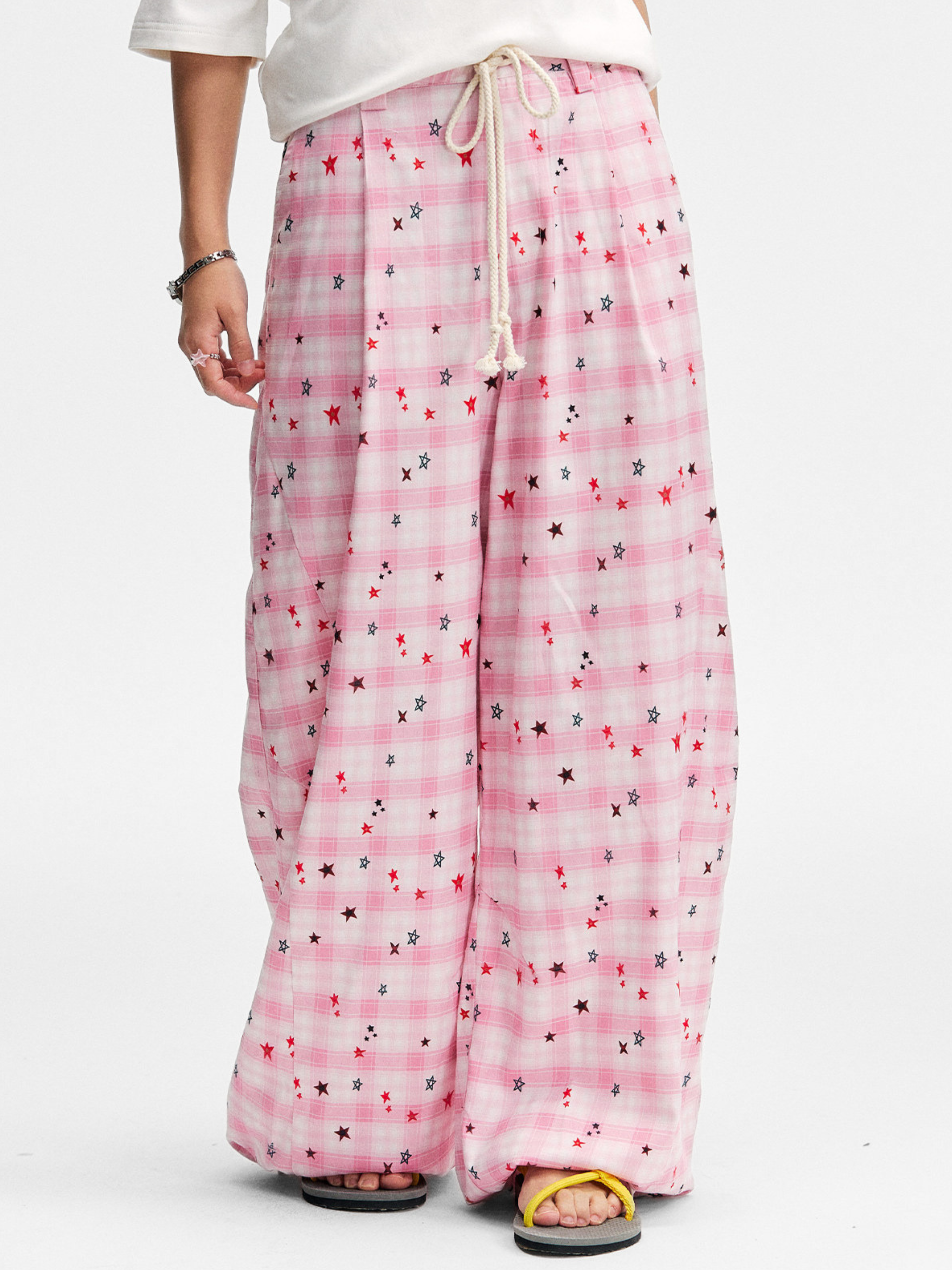 Ashlight - Women's Star Plaid Print Lightweight Drawstring Pants