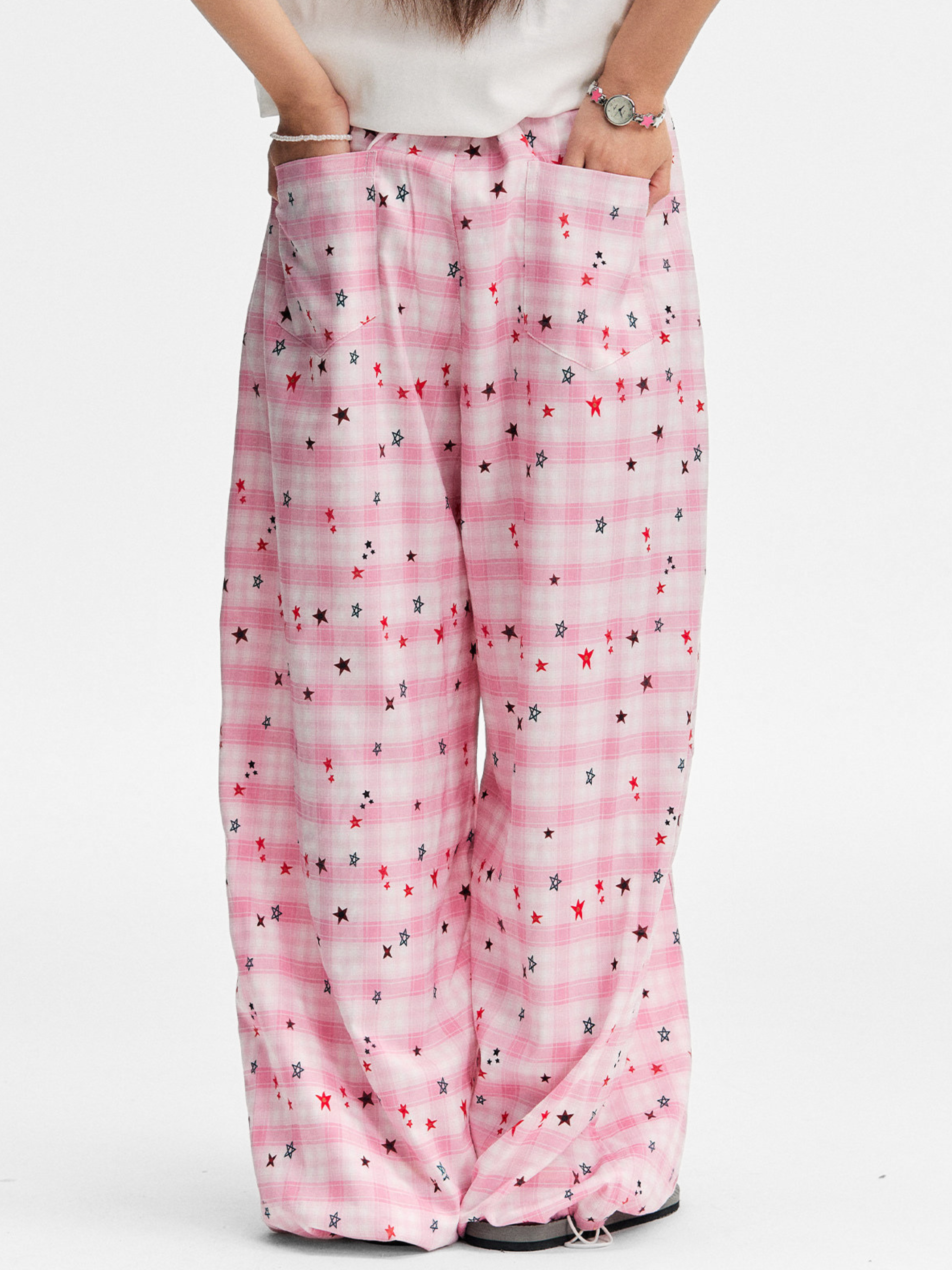 Ashlight - Women's Star Plaid Print Lightweight Drawstring Pants