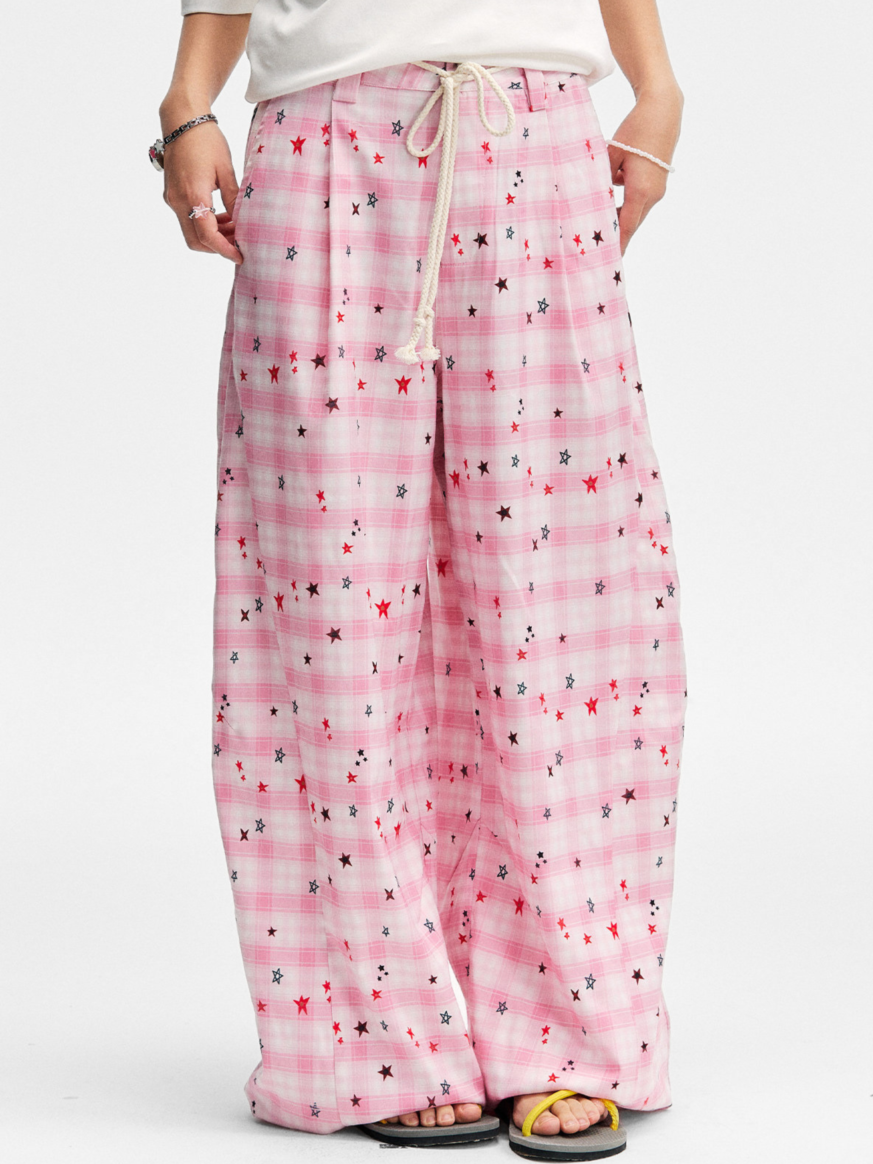 Ashlight - Women's Star Plaid Print Lightweight Drawstring Pants