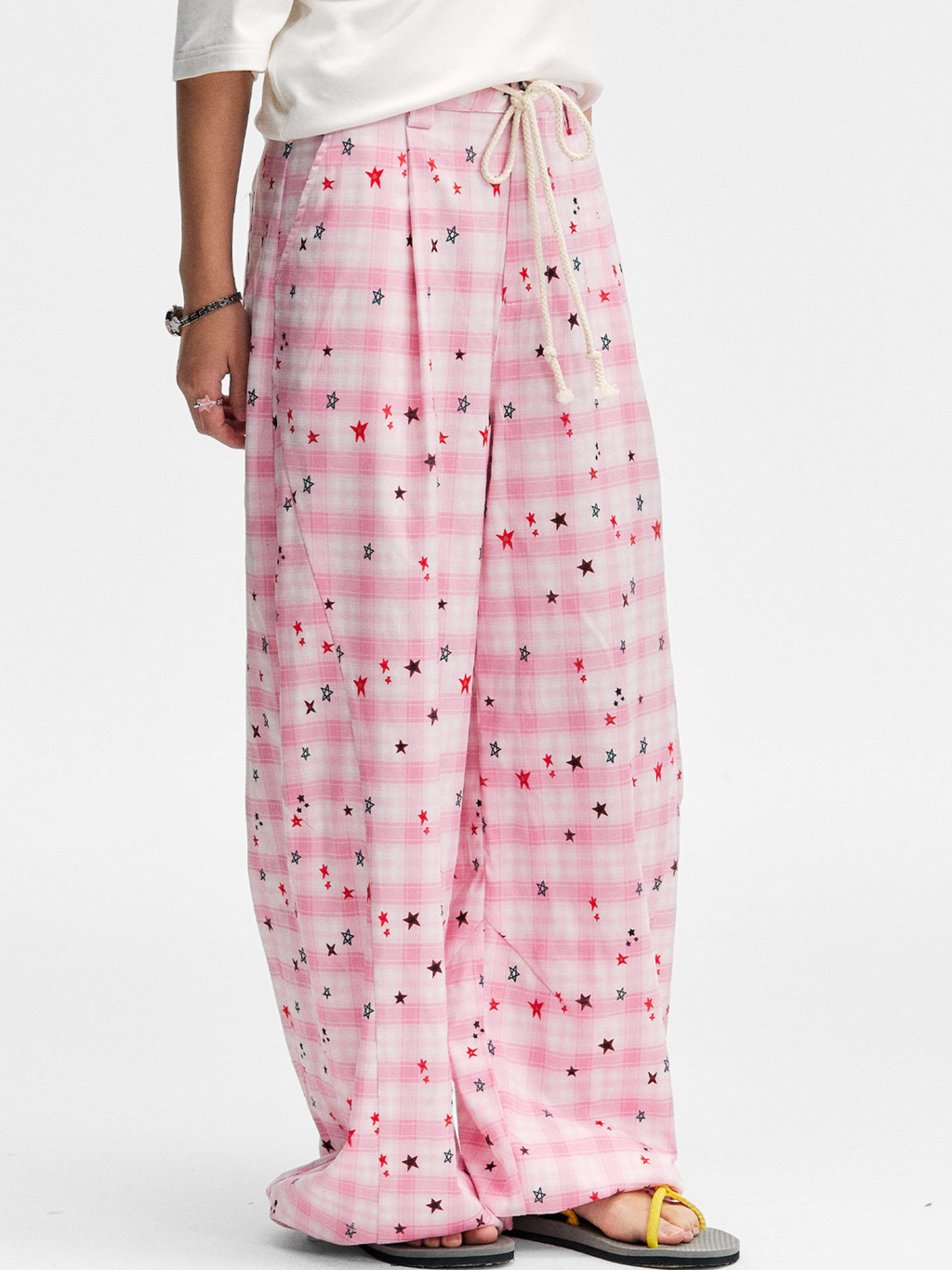 Ashlight - Women's Star Plaid Print Lightweight Drawstring Pants