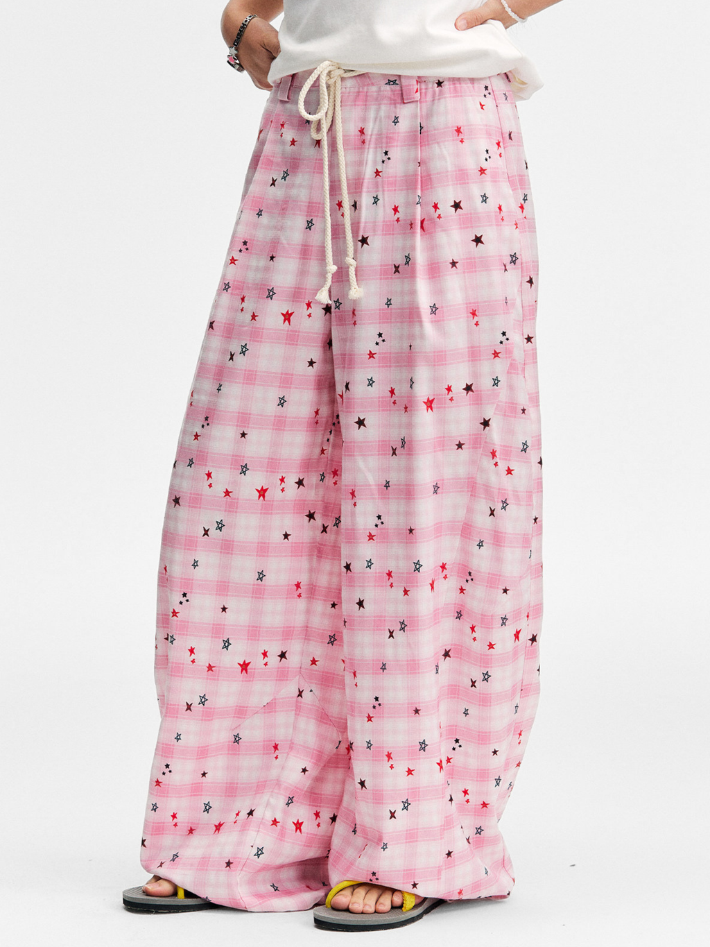 Ashlight - Women's Star Plaid Print Lightweight Drawstring Pants