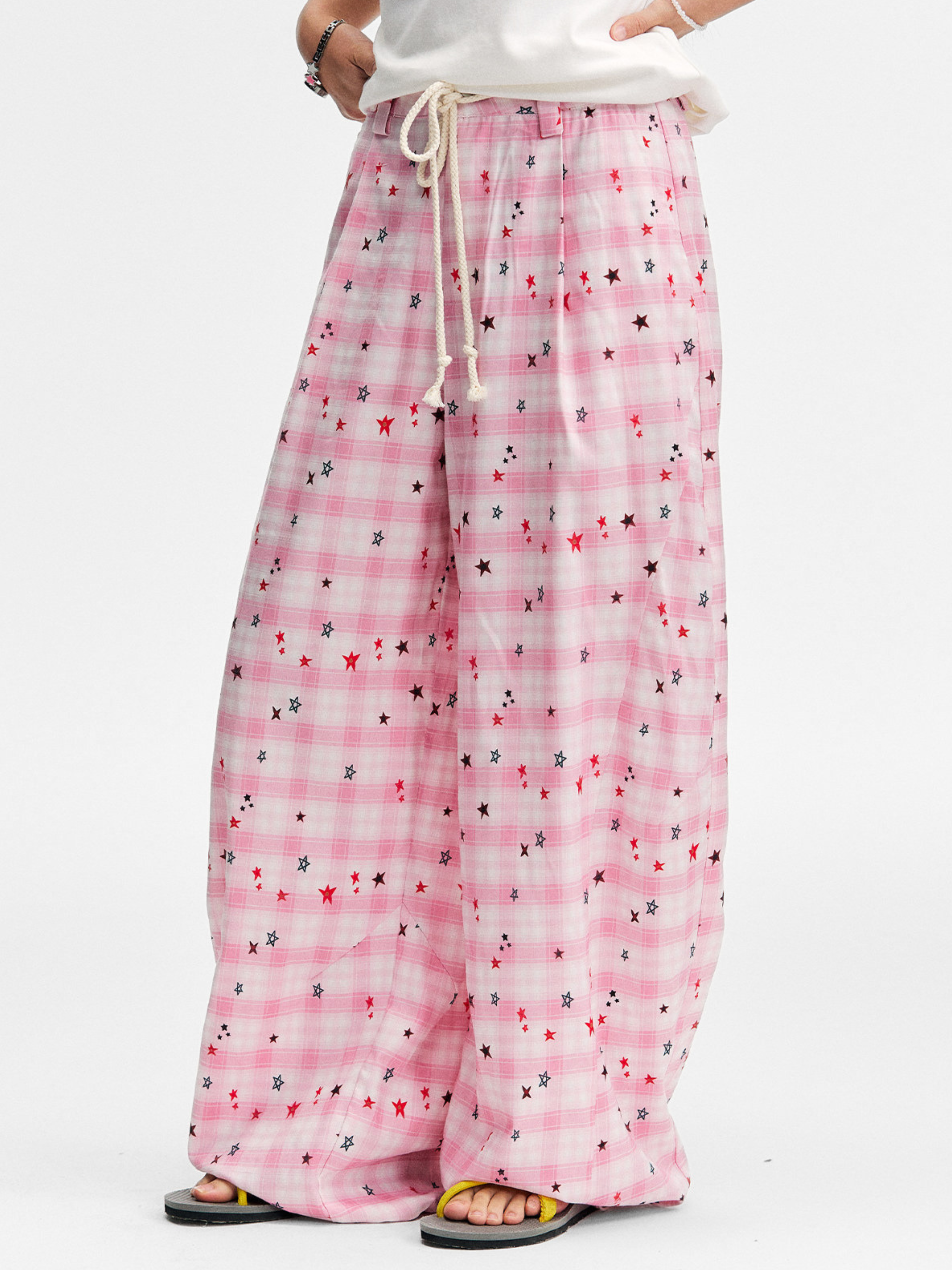 Ashlight - Women's Star Plaid Print Lightweight Drawstring Pants