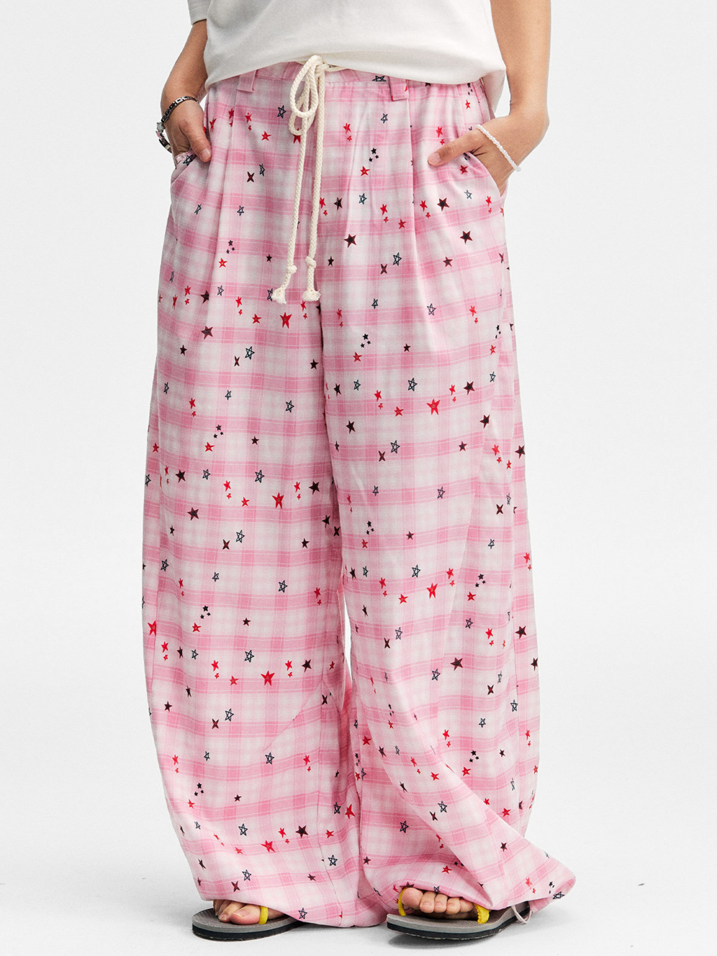 Ashlight - Women's Star Plaid Print Lightweight Drawstring Pants