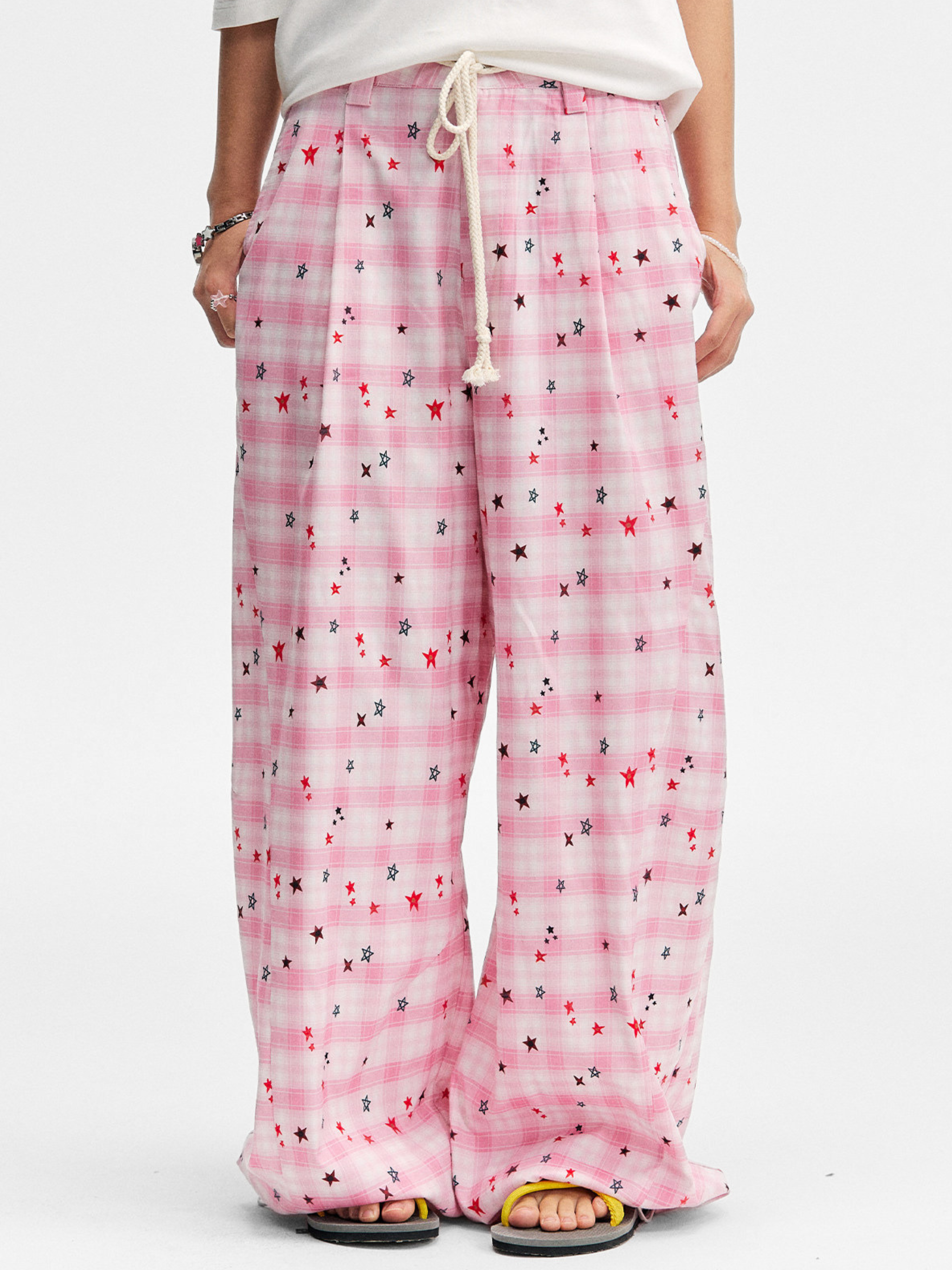 Ashlight - Women's Star Plaid Print Lightweight Drawstring Pants