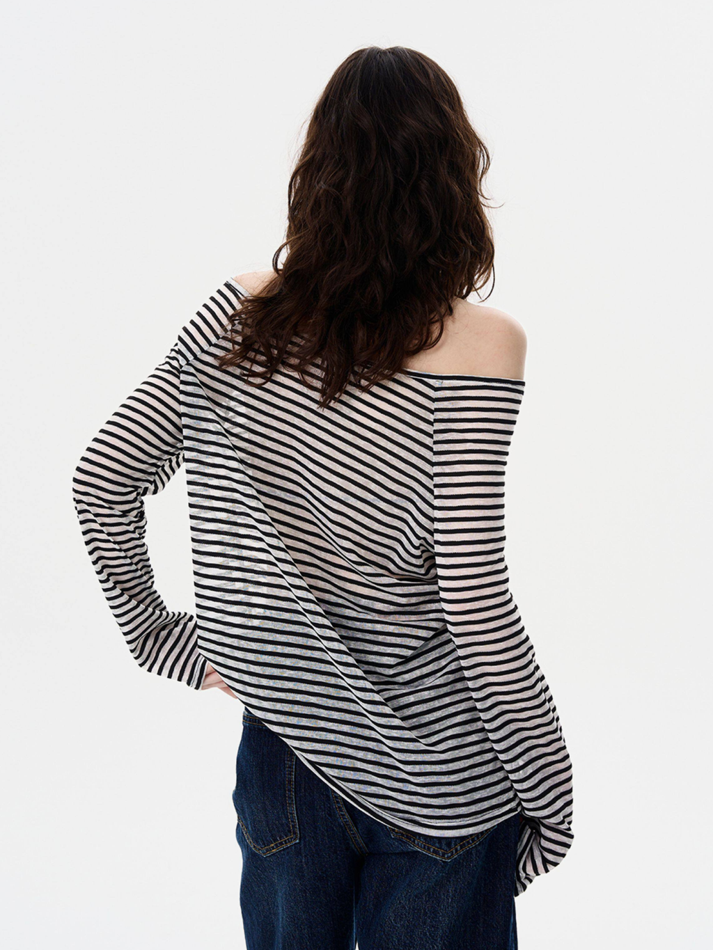 Greystorm - Women's Lightweight Striped Off-Shoulder Long Sleeve T-Shirt