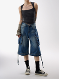 BasicLine - Women's Multi-Pocket Denim Cargo Cropped Pants