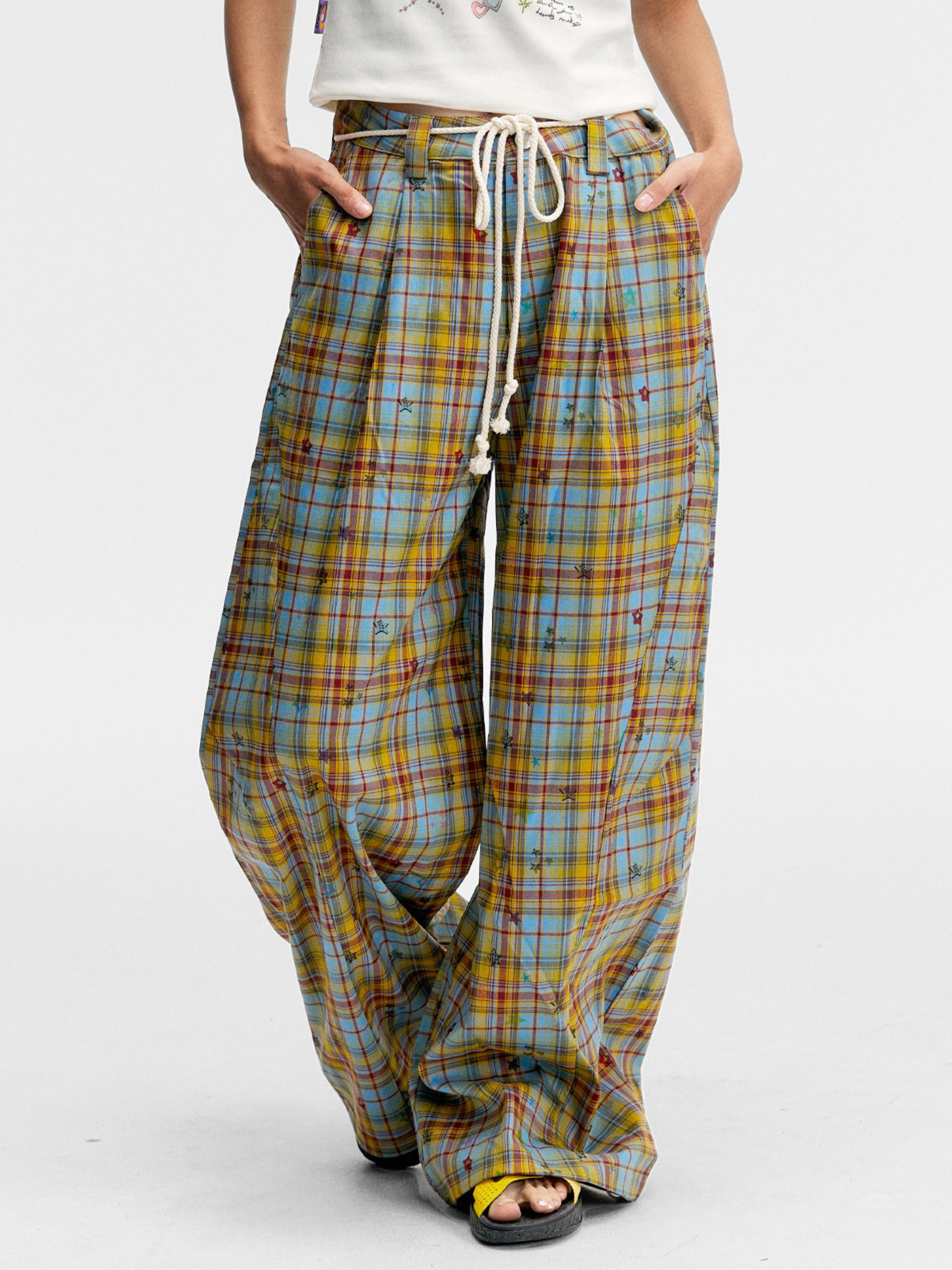 Ashlight - Women's Star Plaid Print Lightweight Drawstring Pants