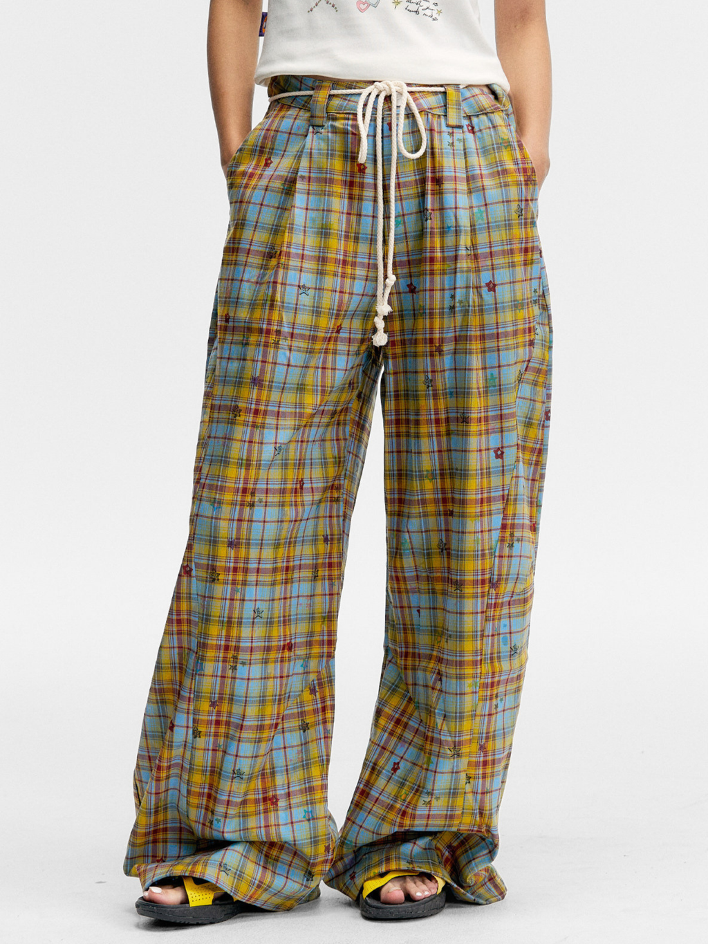 Ashlight - Women's Star Plaid Print Lightweight Drawstring Pants