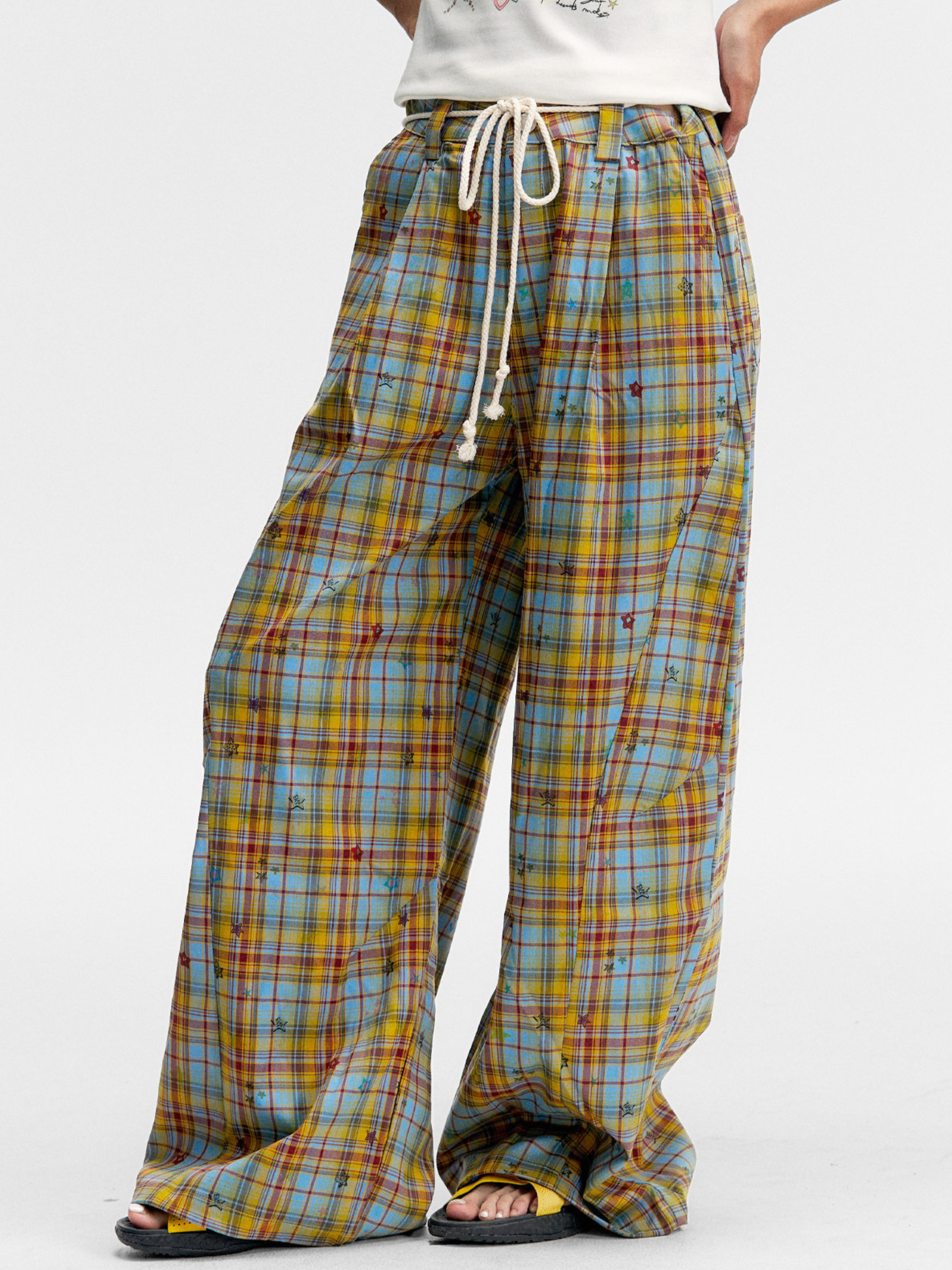 Ashlight - Women's Star Plaid Print Lightweight Drawstring Pants