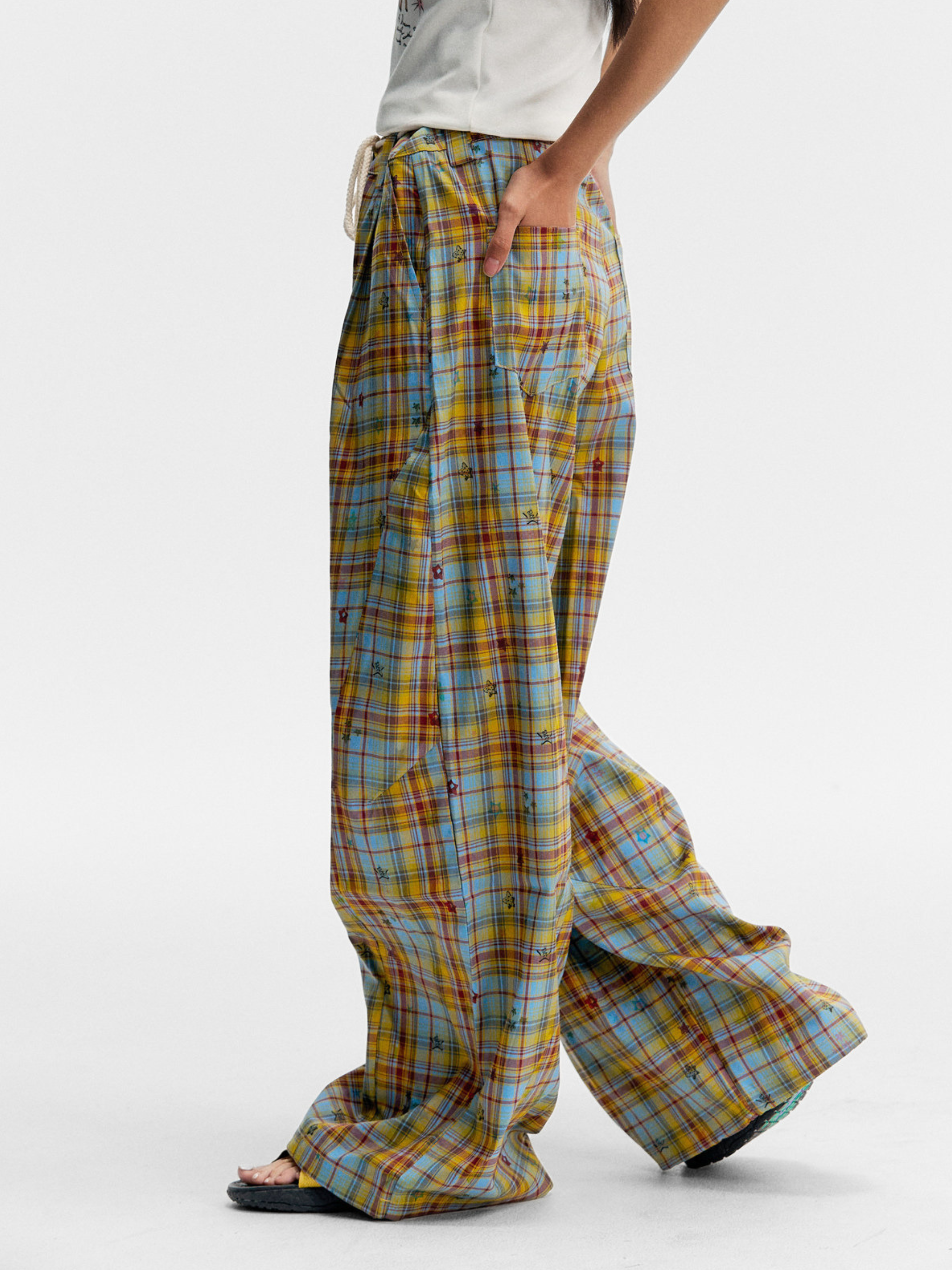 Ashlight - Women's Star Plaid Print Lightweight Drawstring Pants