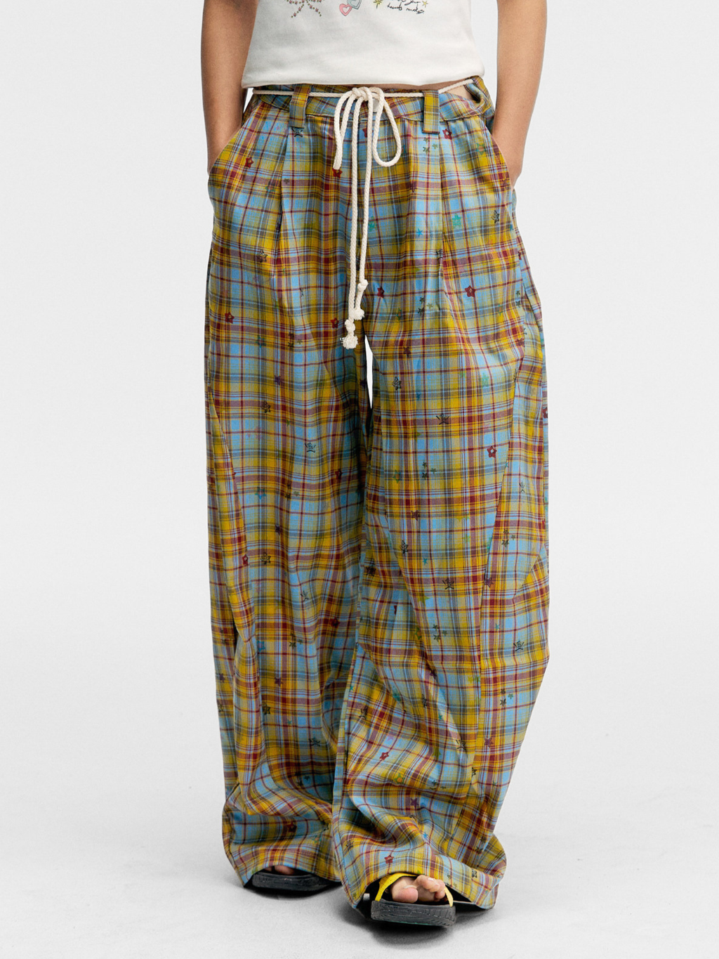 Ashlight - Women's Star Plaid Print Lightweight Drawstring Pants