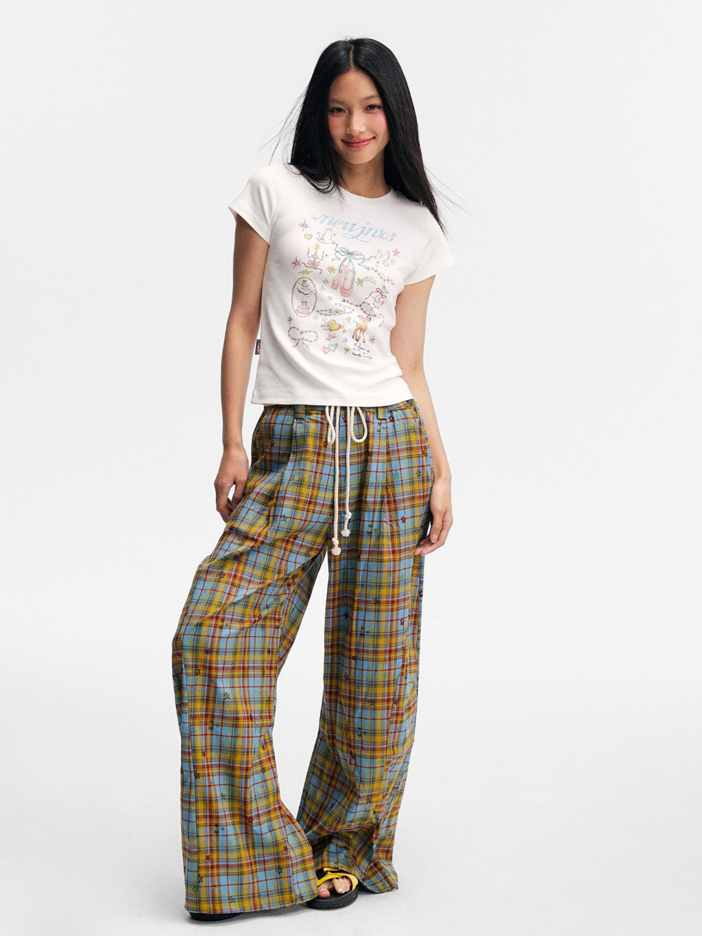 Ashlight - Women's Star Plaid Print Lightweight Drawstring Pants