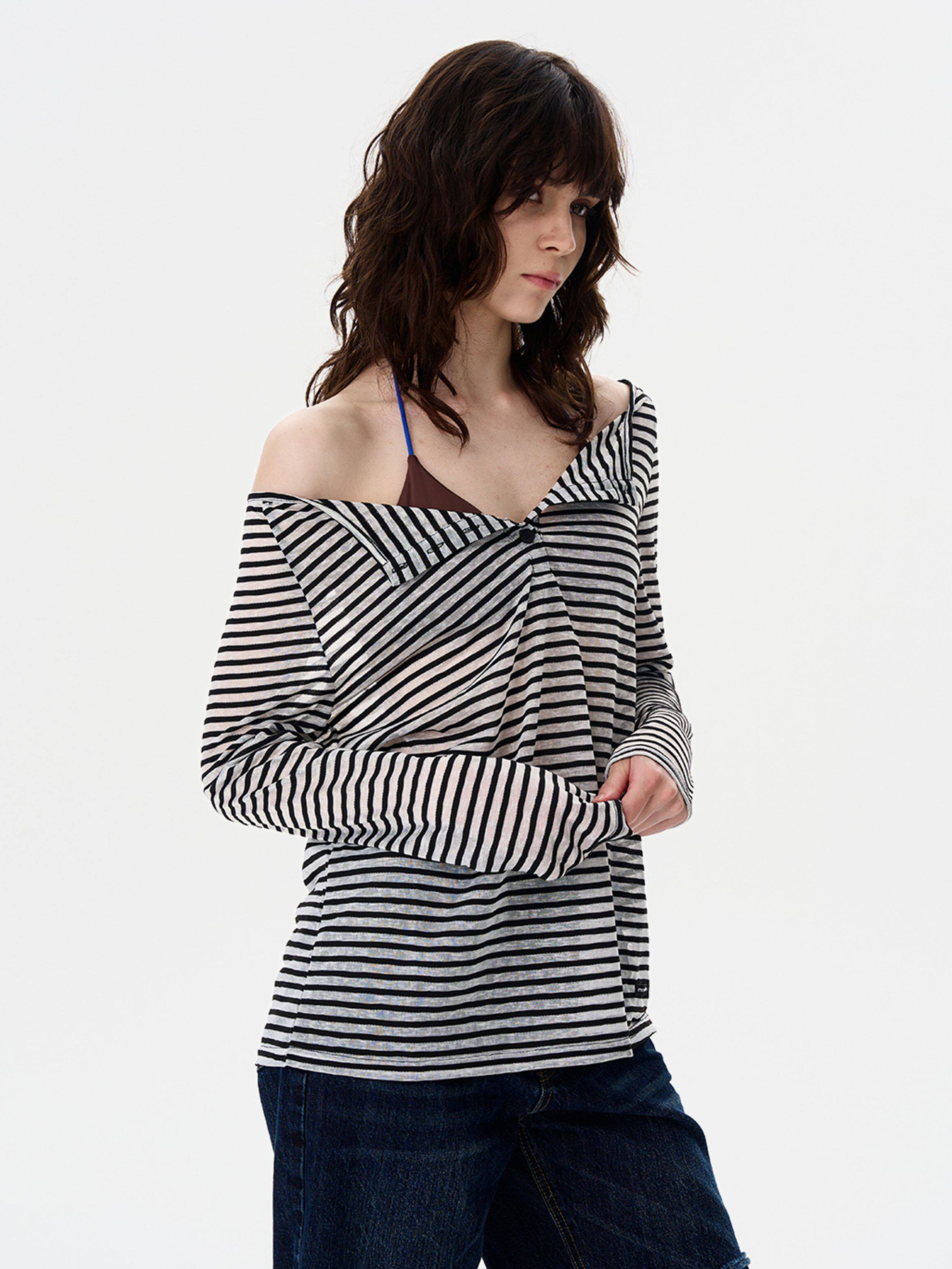 Greystorm - Women's Lightweight Striped Off-Shoulder Long Sleeve T-Shirt