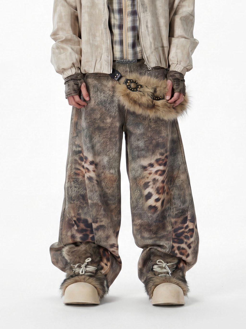 BeltSkip - Unisex 3D Printed Distressed Leopard Curved-Leg Pants