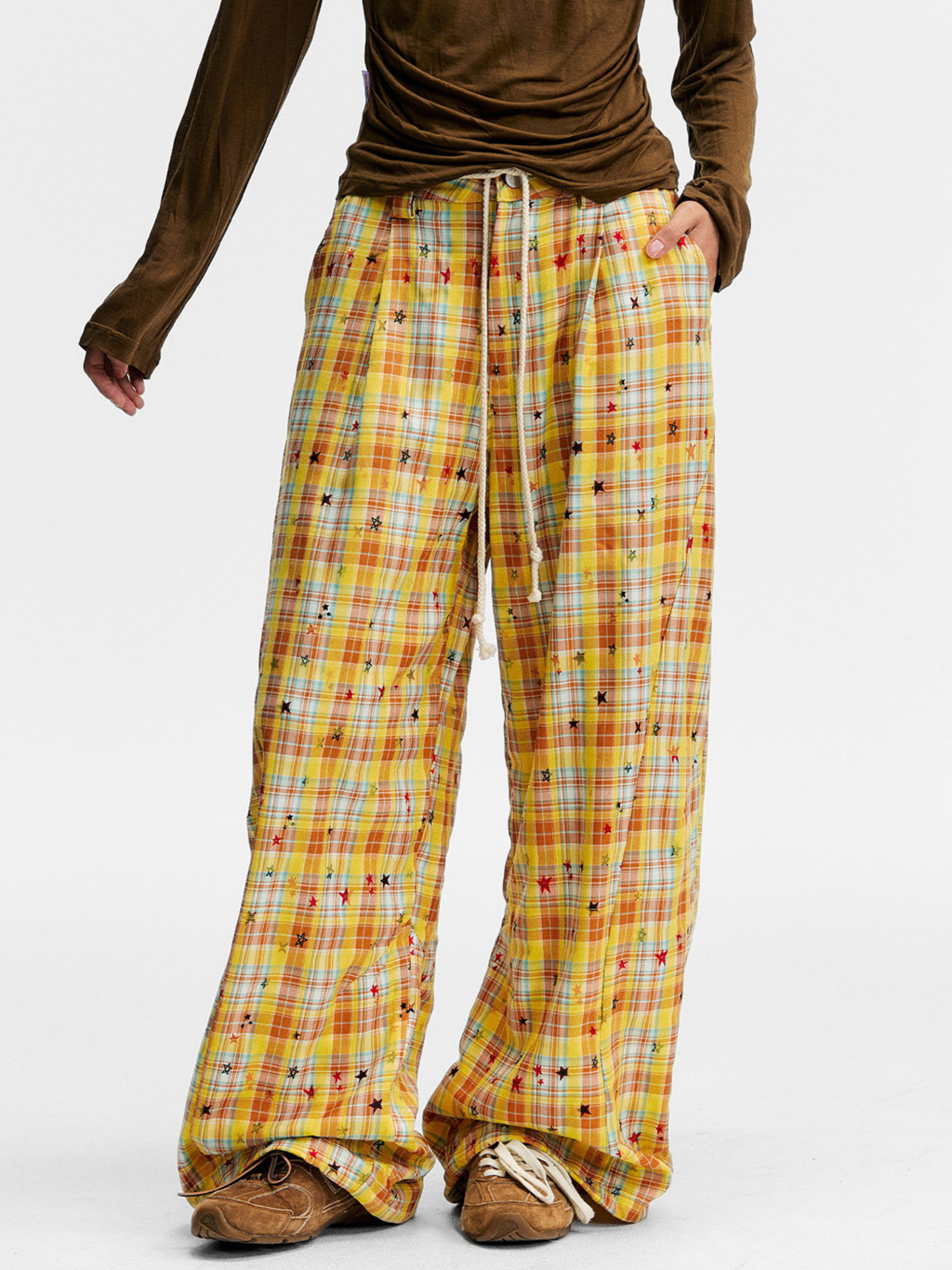 Ashlight - Women's Star Plaid Print Lightweight Drawstring Pants