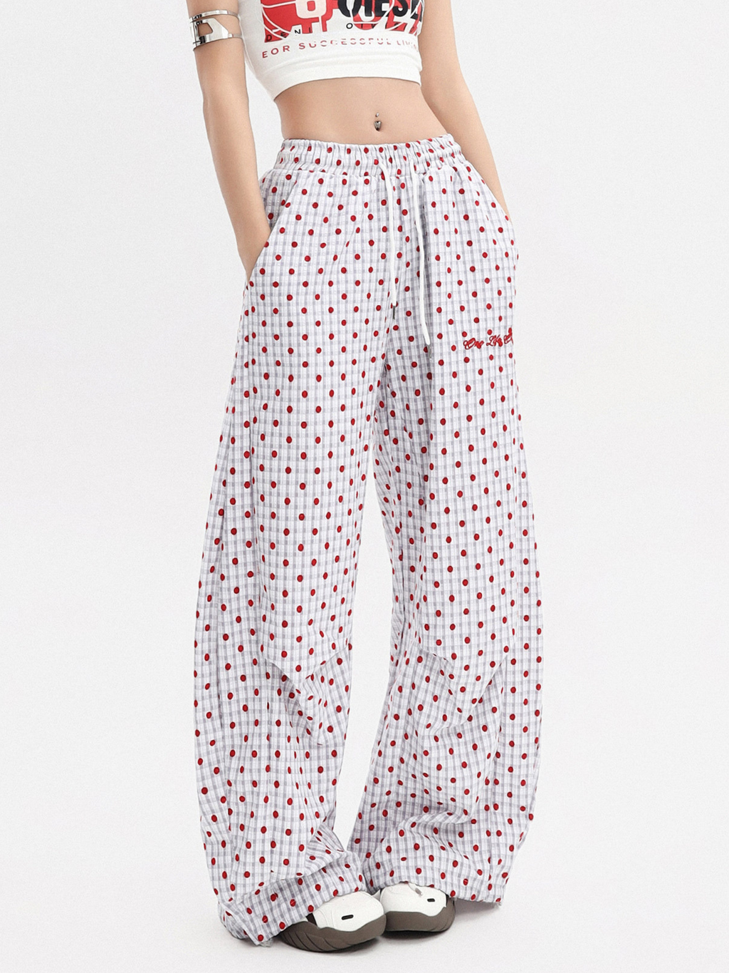 Ashview - Women's Pleated Polka Dot Wide-Leg Pants