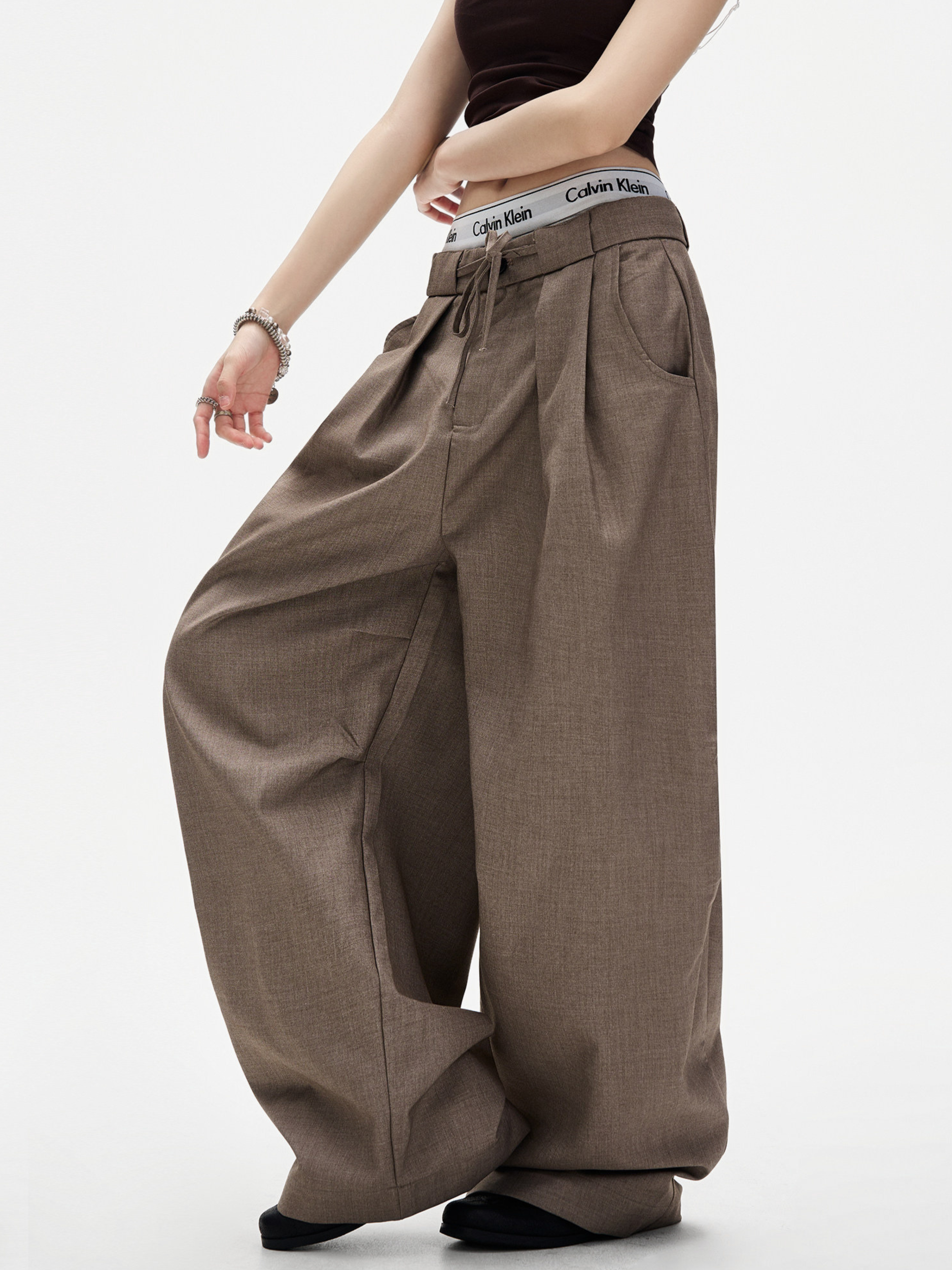 Ashshine - Women's Pleated Drawstring Waist Wide-Leg Tailored Pants