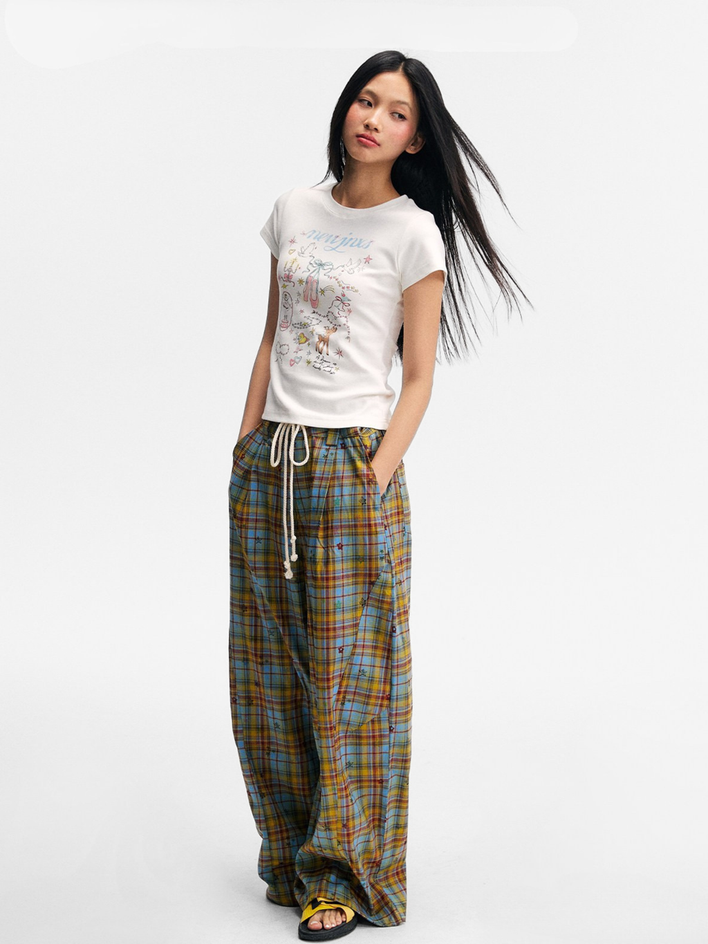 Ashlight - Women's Star Plaid Print Lightweight Drawstring Pants