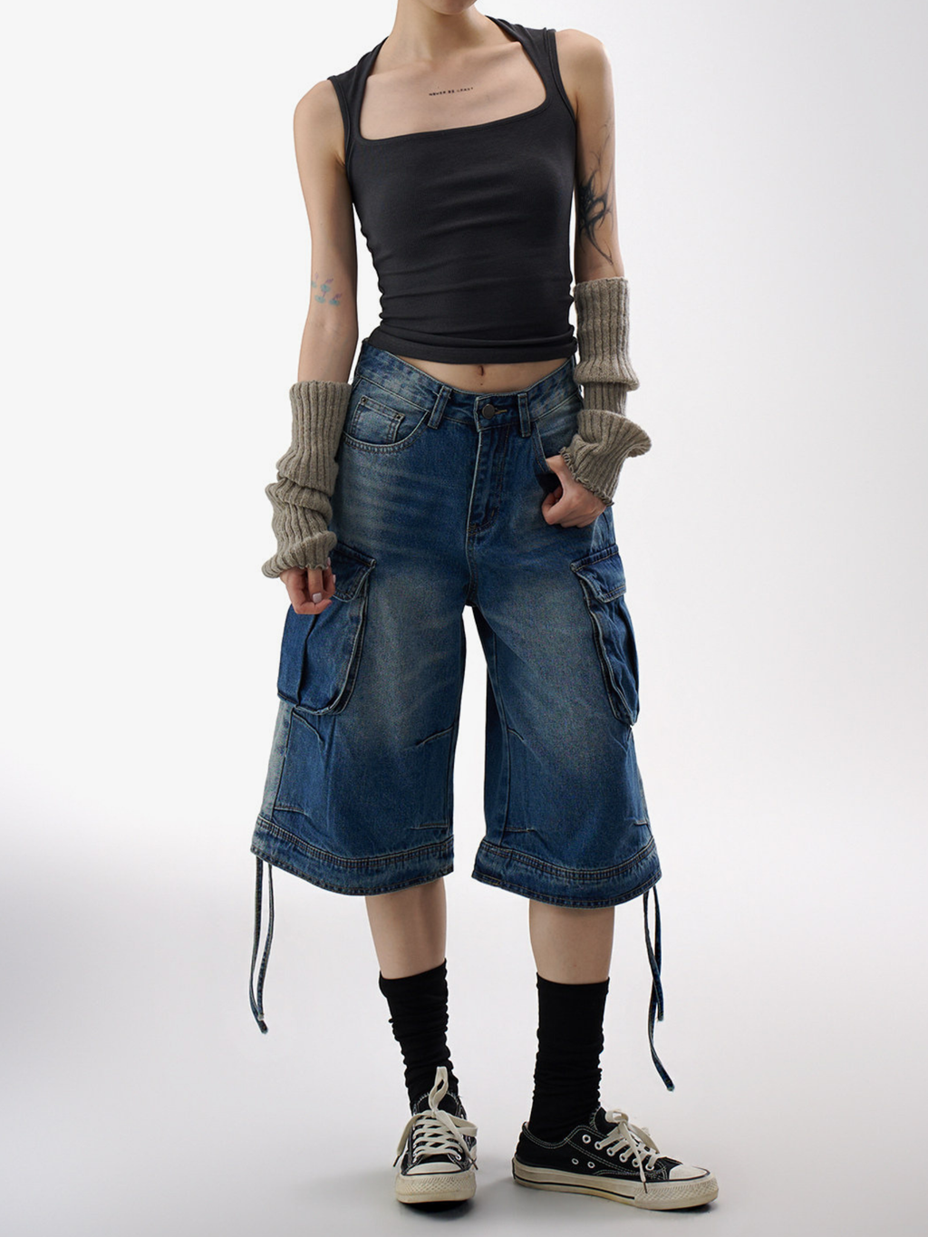 BasicLine - Women's Multi-Pocket Denim Cargo Cropped Pants