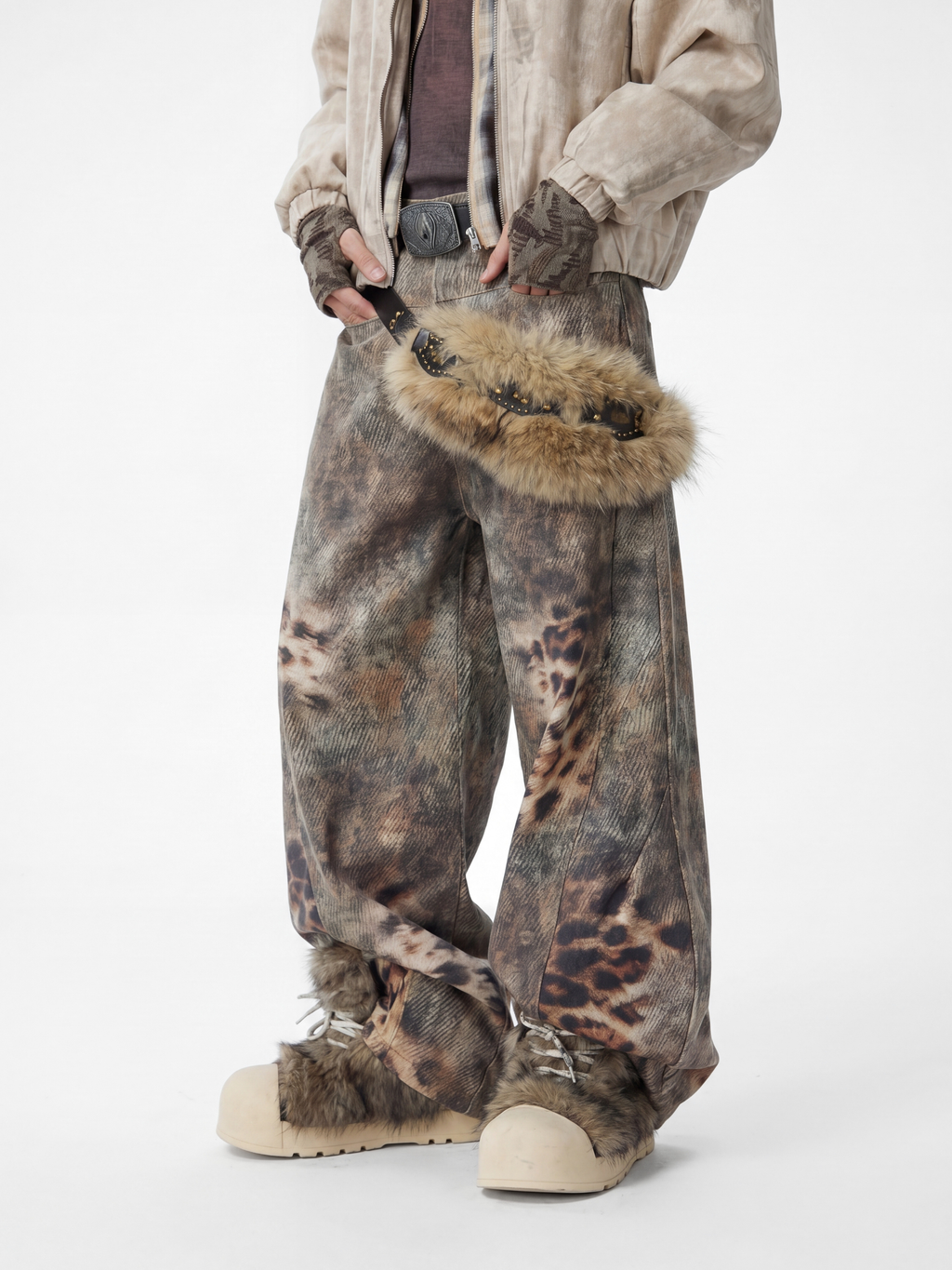 BeltSkip - Unisex 3D Printed Distressed Leopard Curved-Leg Pants