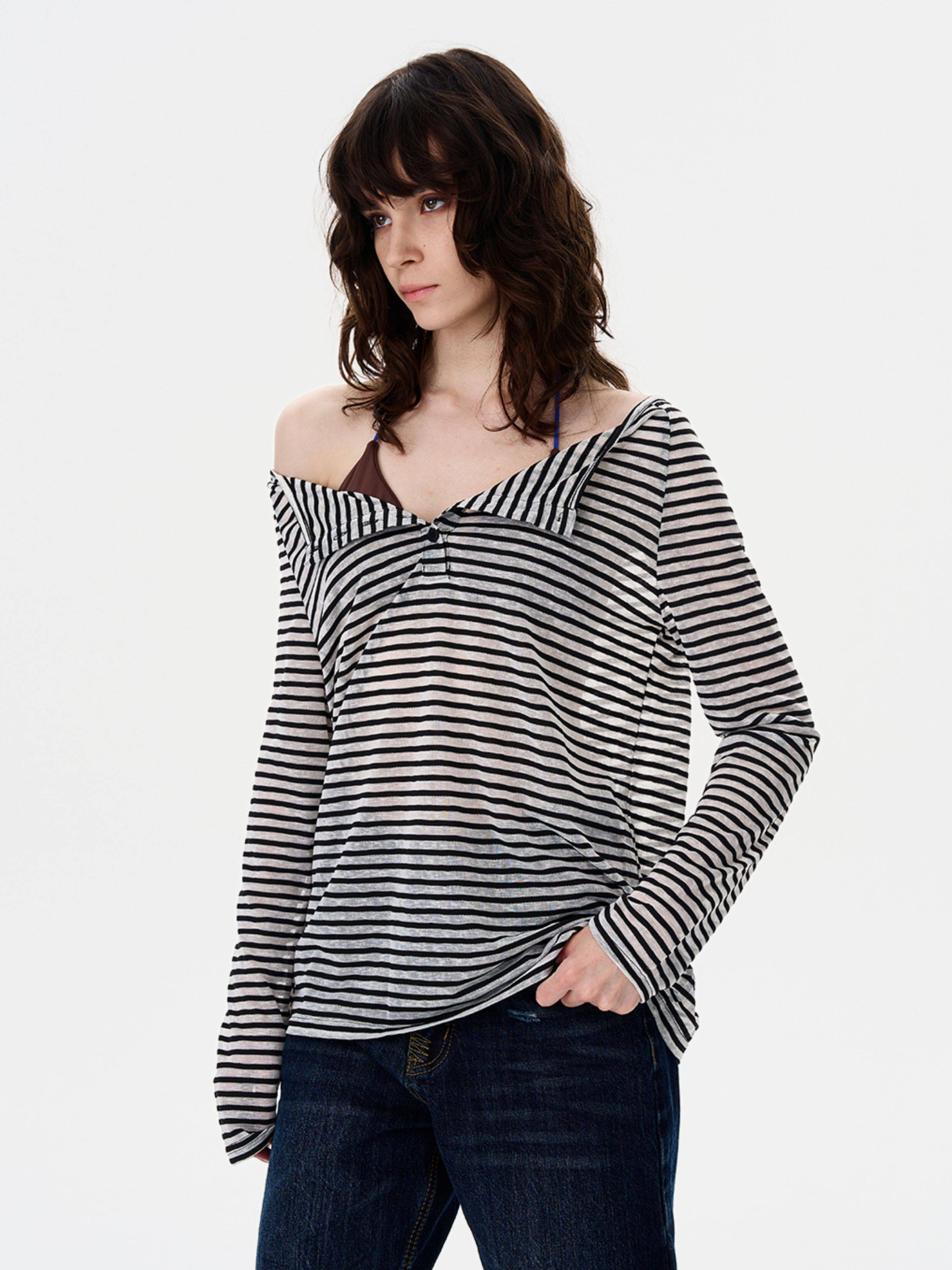 Greystorm - Women's Lightweight Striped Off-Shoulder Long Sleeve T-Shirt