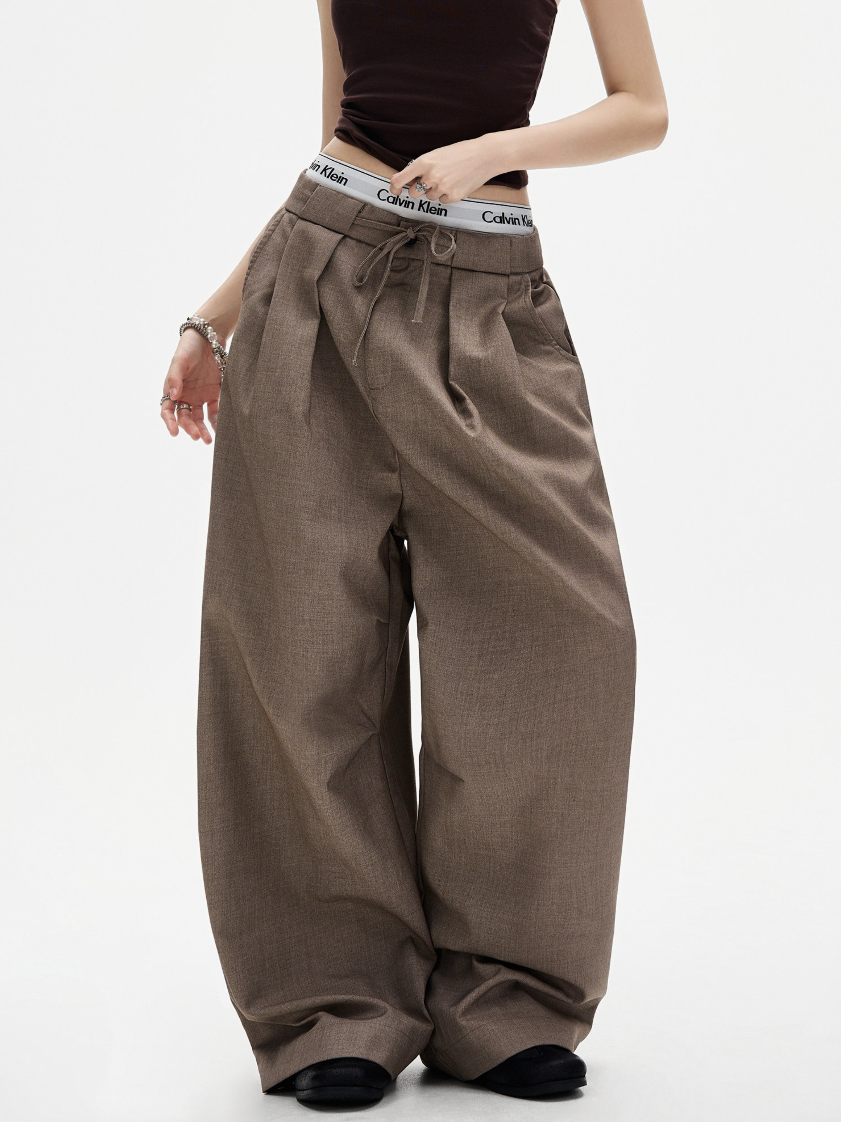 Ashshine - Women's Pleated Drawstring Waist Wide-Leg Tailored Pants