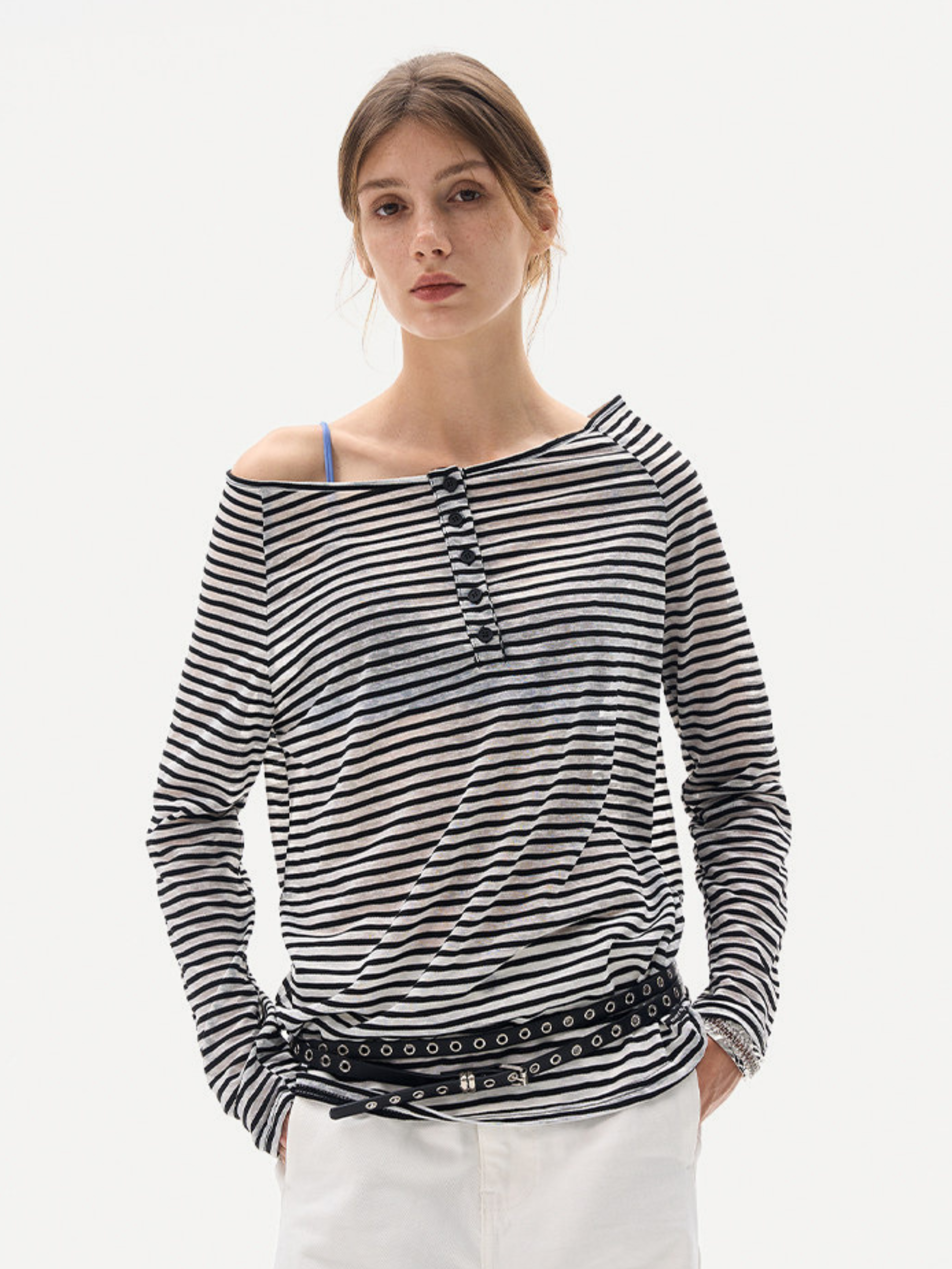 Greystorm - Women's Lightweight Striped Off-Shoulder Long Sleeve T-Shirt