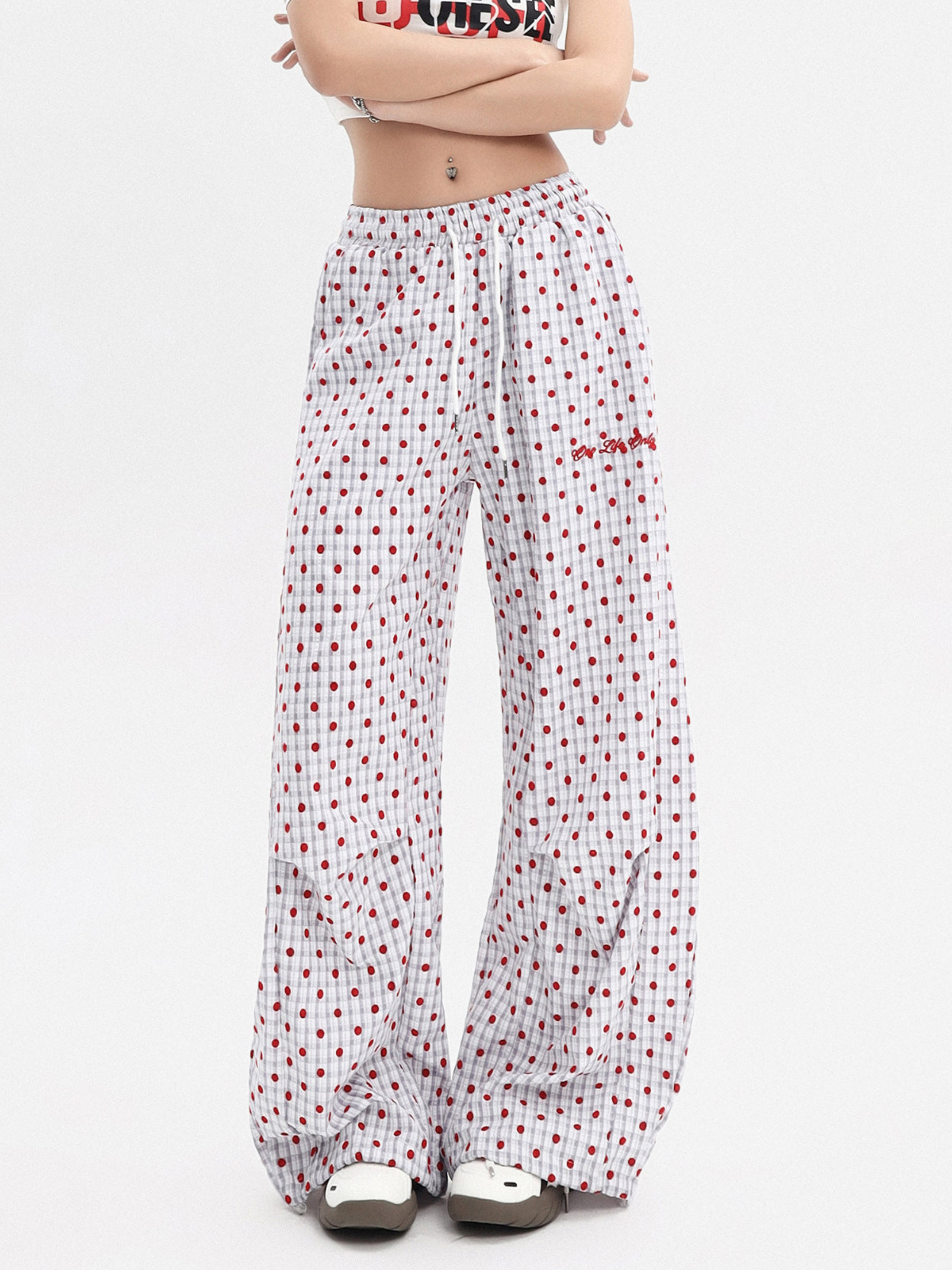 Ashview - Women's Pleated Polka Dot Wide-Leg Pants