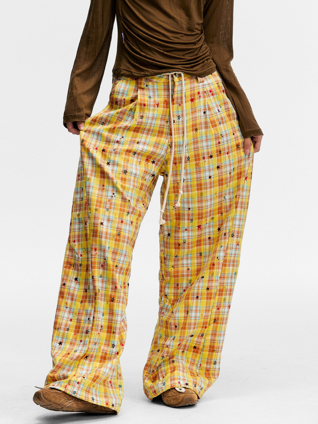 Ashlight - Women's Star Plaid Print Lightweight Drawstring Pants