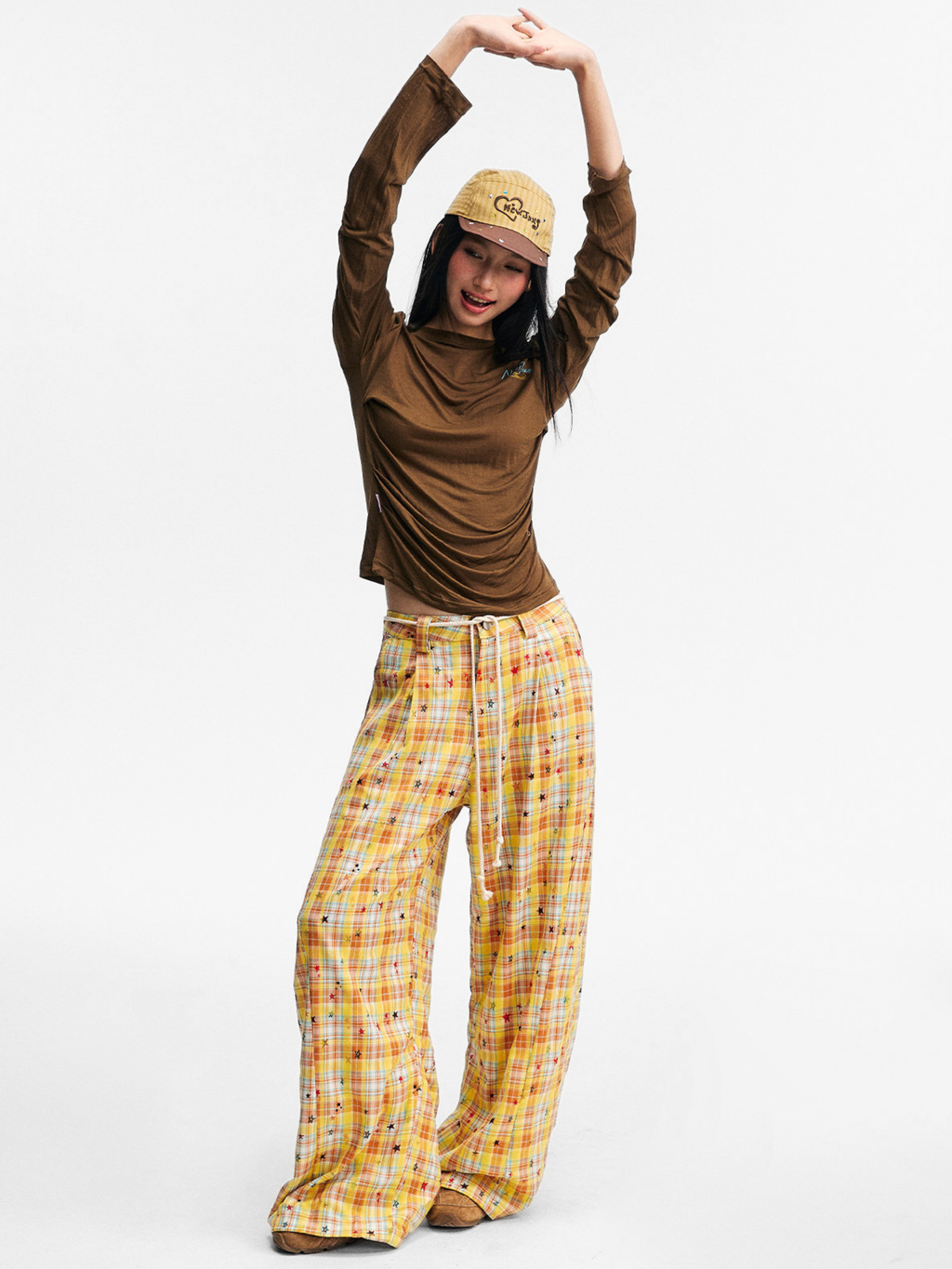 Ashlight - Women's Star Plaid Print Lightweight Drawstring Pants